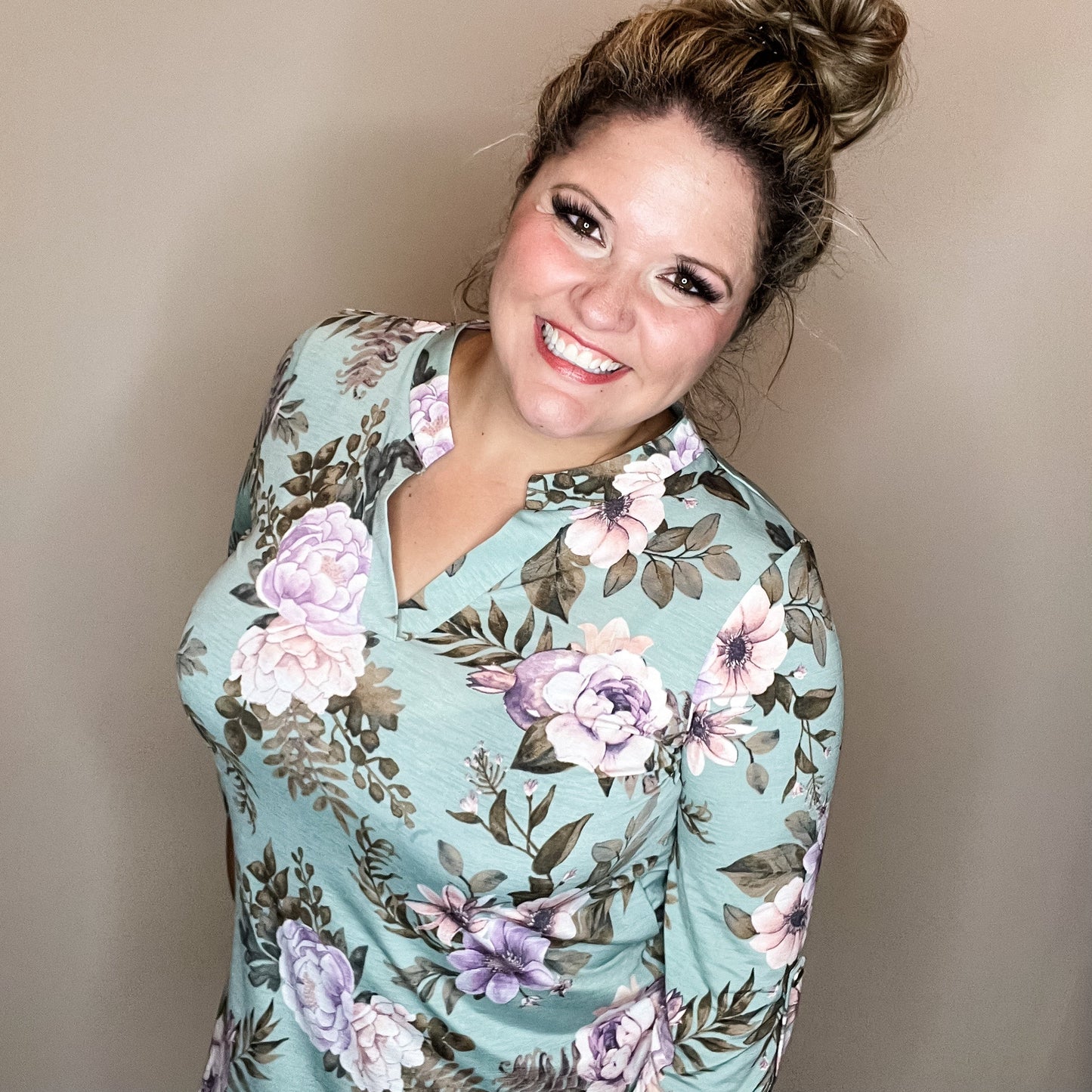 "Lifespan" Floral Split Neck Lizzy 3/4 Sleeve Split Neck (Sage)