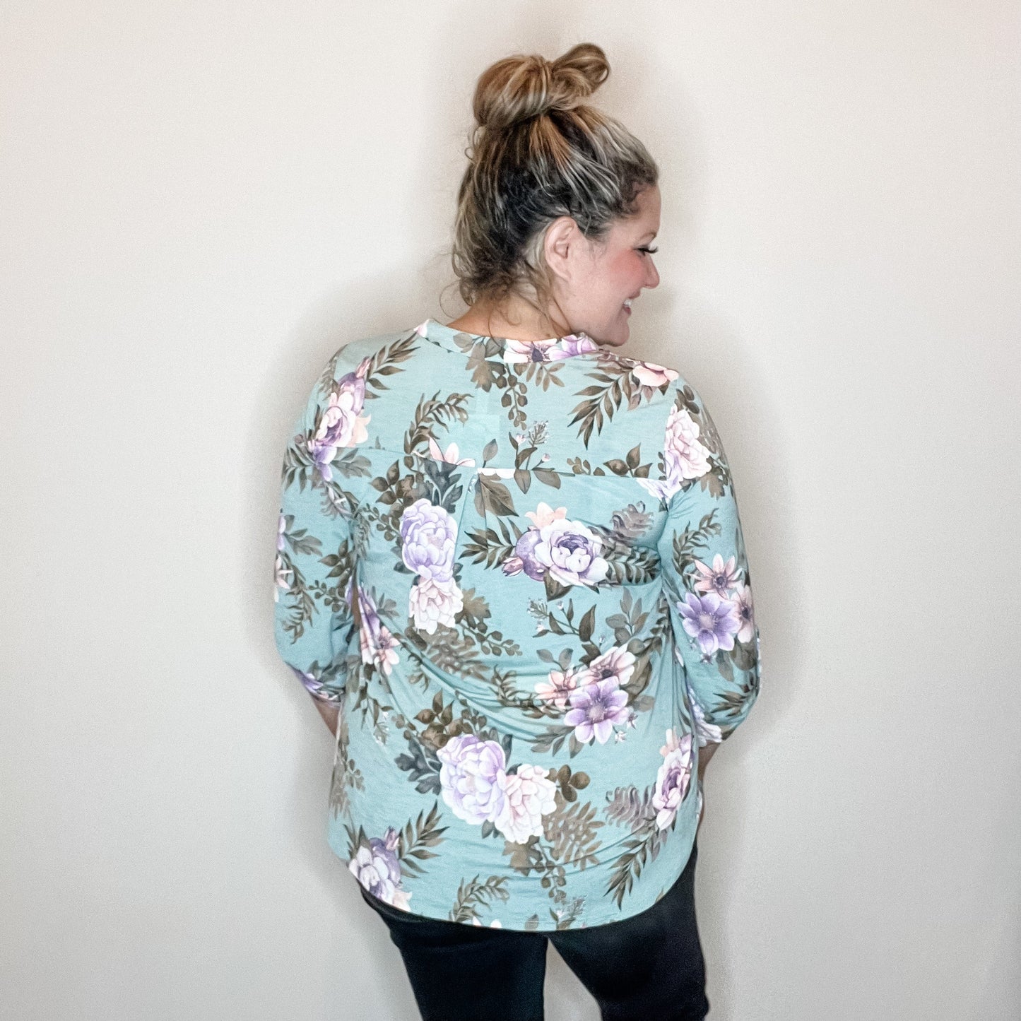 "Lifespan" Floral Split Neck Lizzy 3/4 Sleeve Split Neck (Sage)