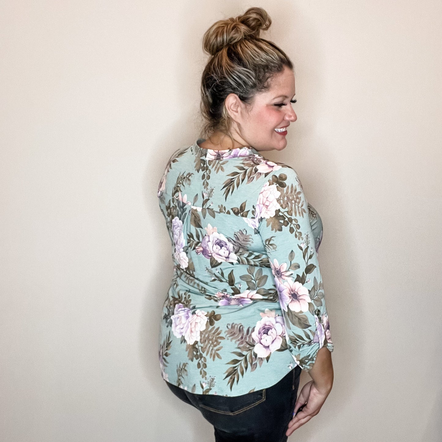 "Lifespan" Floral Split Neck Lizzy 3/4 Sleeve Split Neck (Sage)