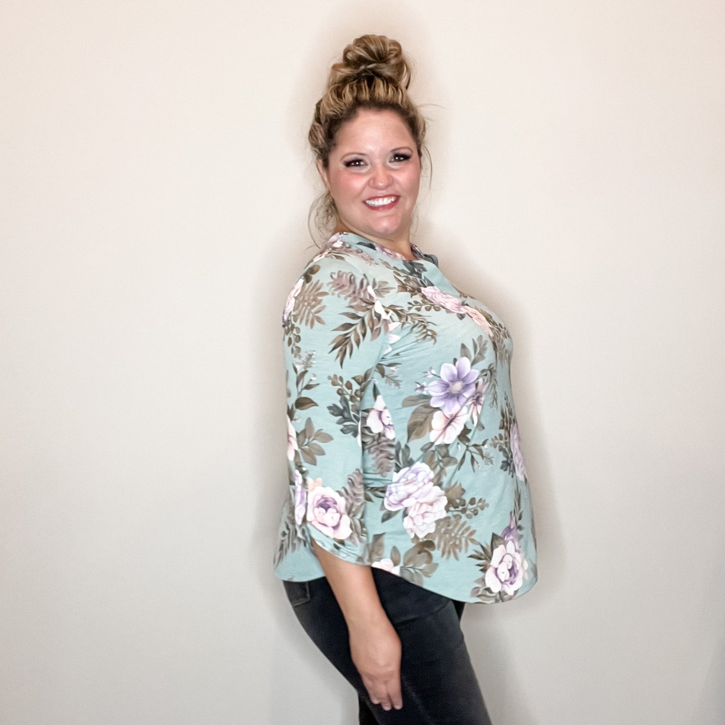 "Lifespan" Floral Split Neck Lizzy 3/4 Sleeve Split Neck (Sage)