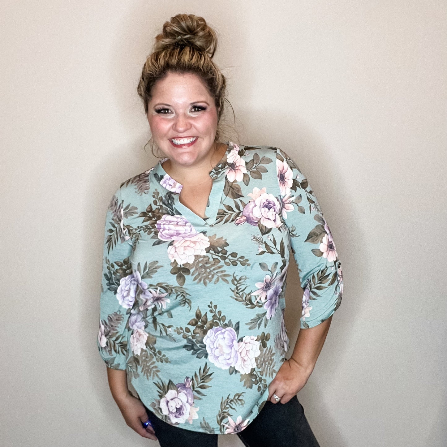 "Lifespan" Floral Split Neck Lizzy 3/4 Sleeve Split Neck (Sage)