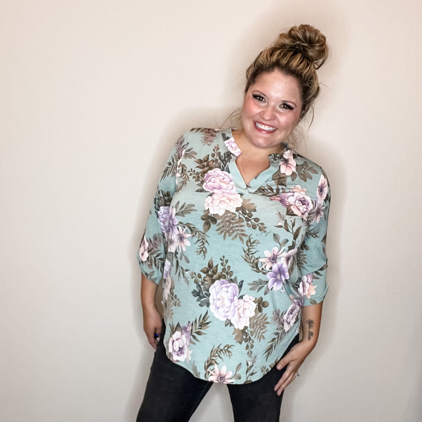 "Lifespan" Floral Split Neck Lizzy 3/4 Sleeve Split Neck (Sage)