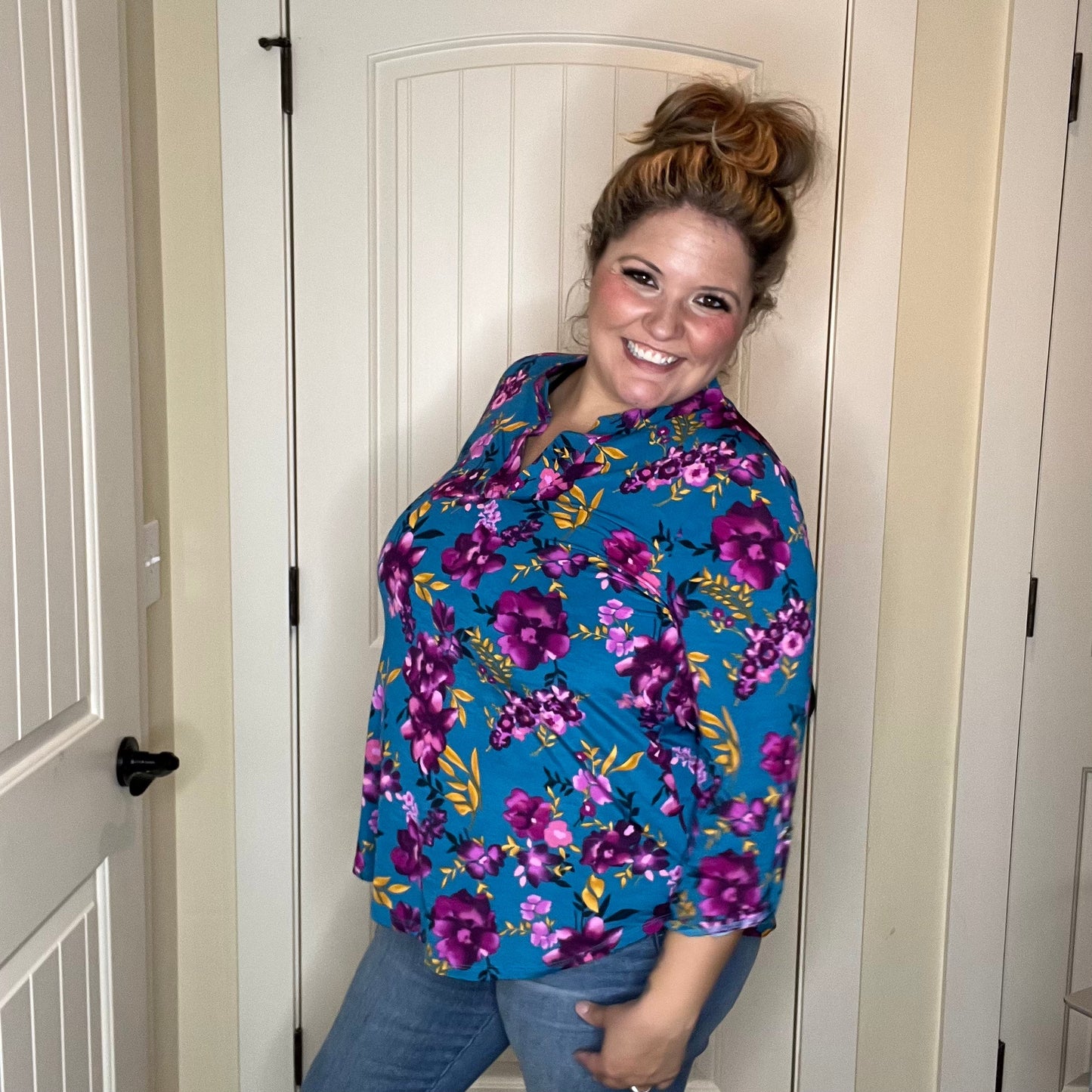 "Lifetime" Floral Split Neck Lizzy 3/4 Sleeve Split Neck