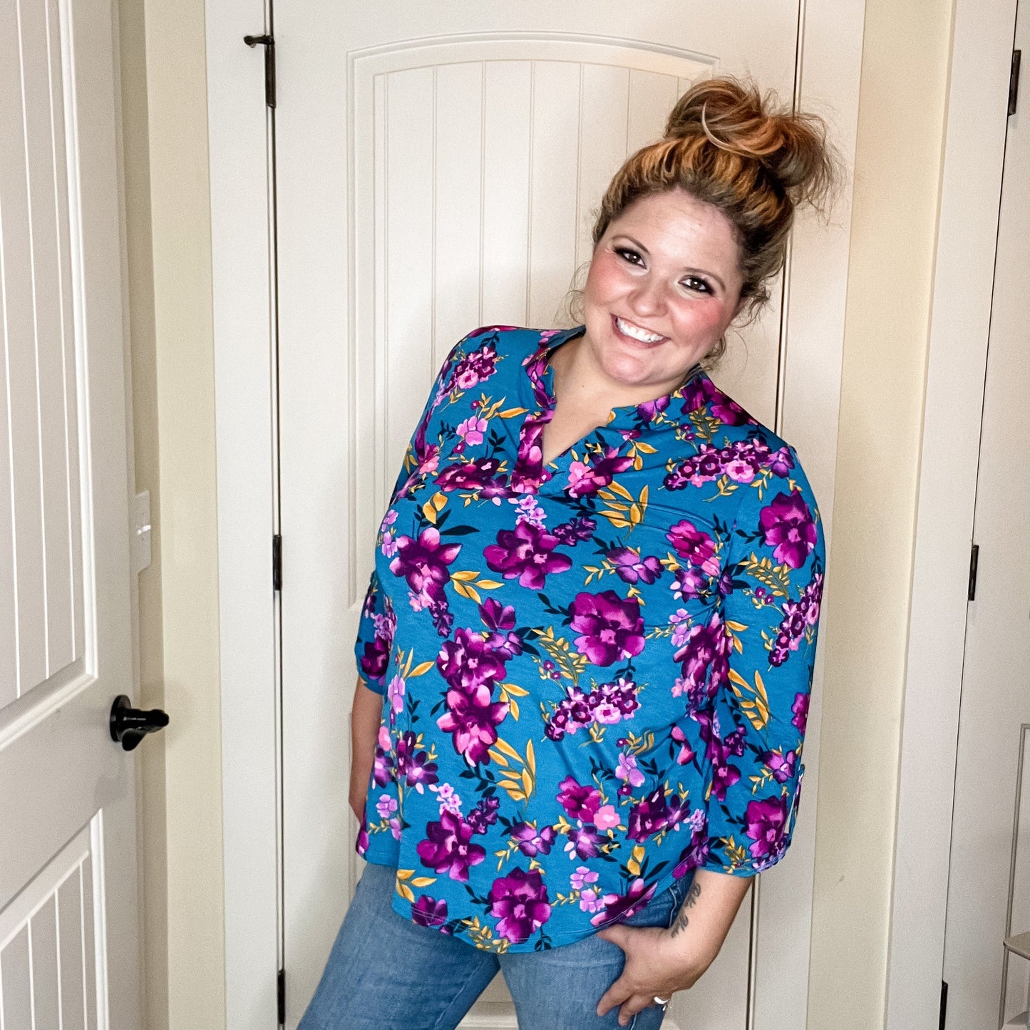 "Lifetime" Floral Split Neck Lizzy 3/4 Sleeve Split Neck