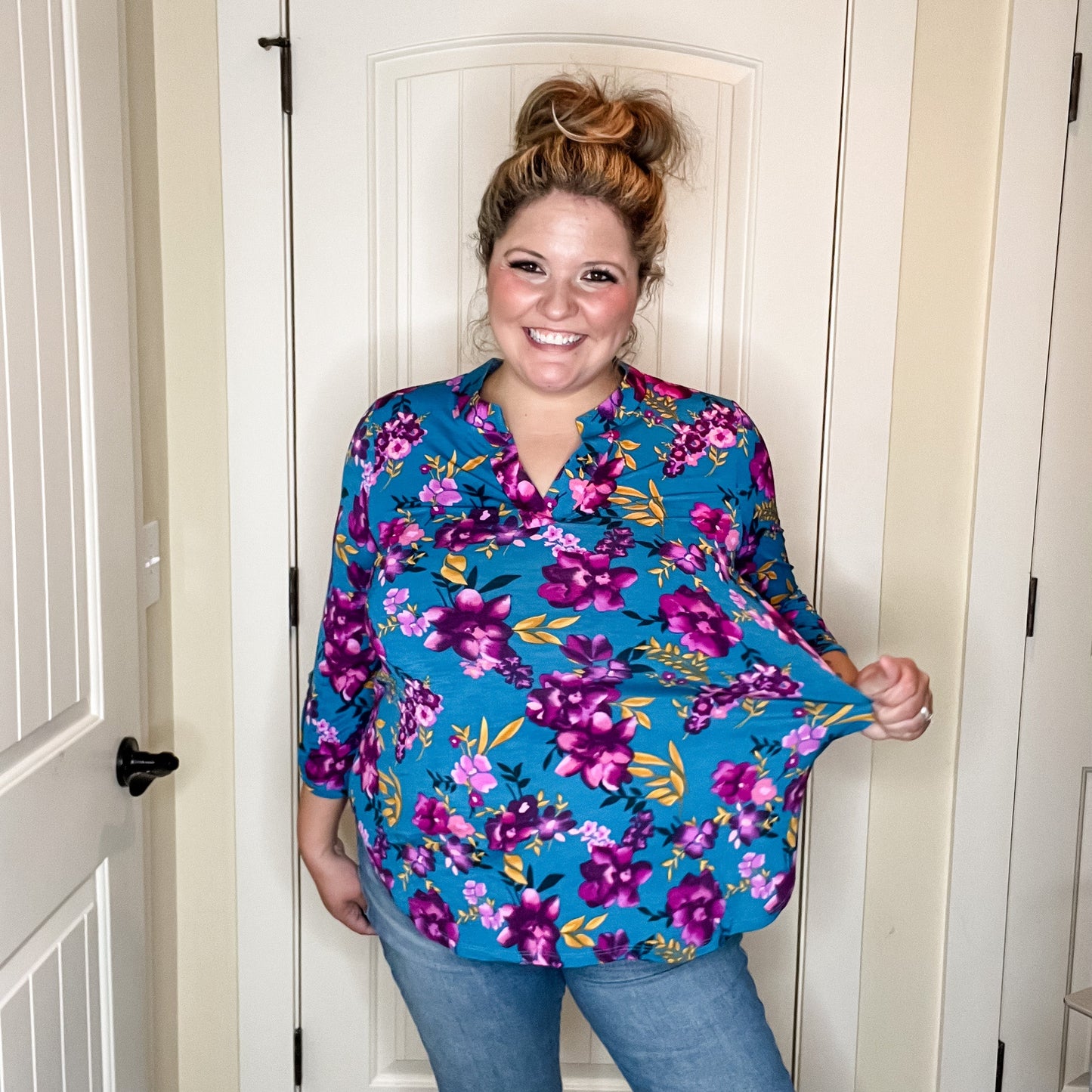 "Lifetime" Floral Split Neck Lizzy 3/4 Sleeve Split Neck