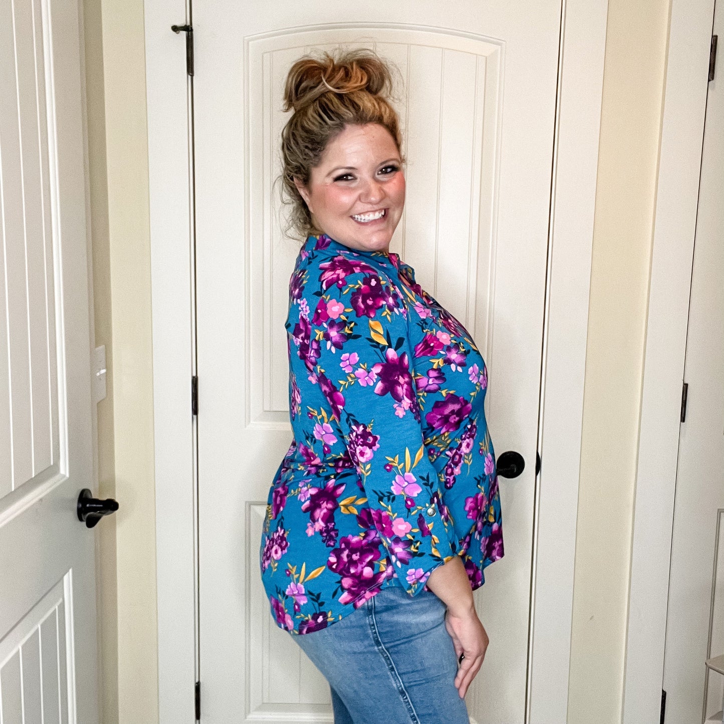 "Lifetime" Floral Split Neck Lizzy 3/4 Sleeve Split Neck