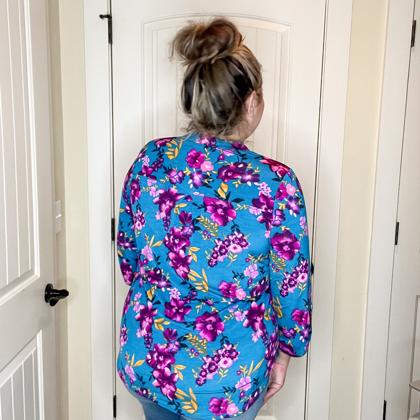 "Lifetime" Floral Split Neck Lizzy 3/4 Sleeve Split Neck