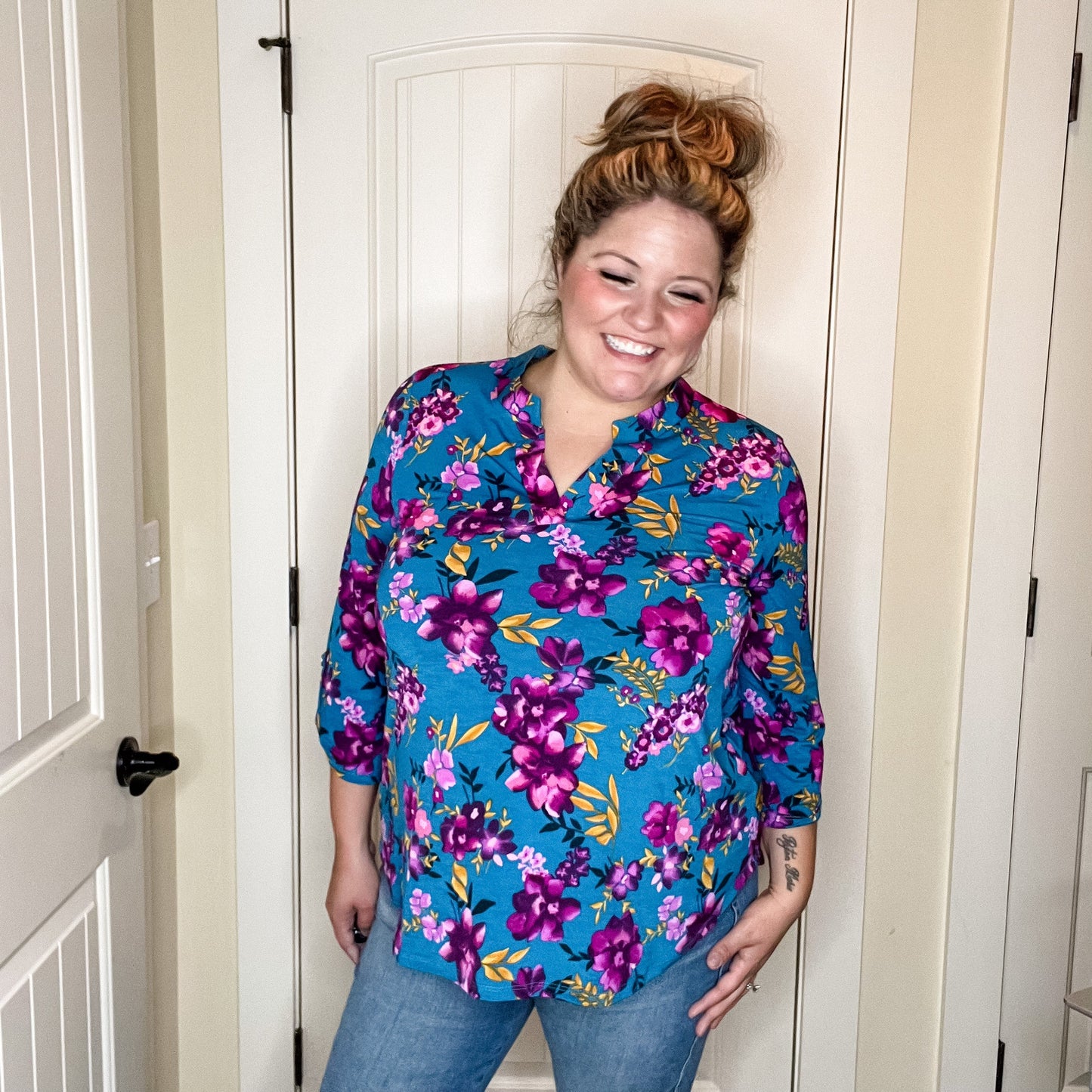 "Lifetime" Floral Split Neck Lizzy 3/4 Sleeve Split Neck