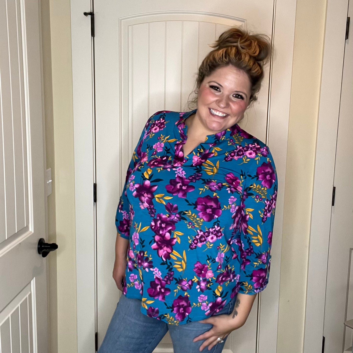"Lifetime" Floral Split Neck Lizzy 3/4 Sleeve Split Neck