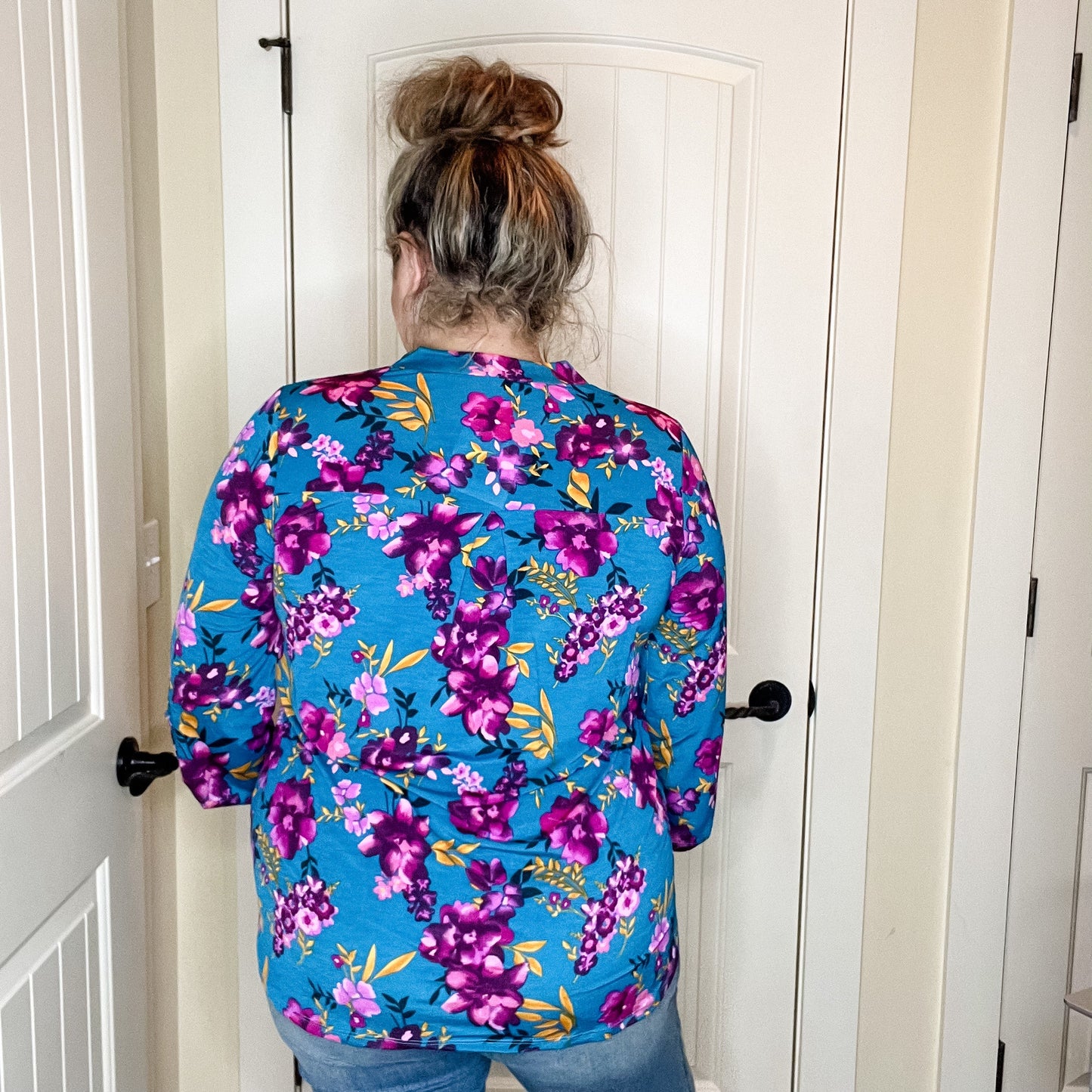 "Lifetime" Floral Split Neck Lizzy 3/4 Sleeve Split Neck