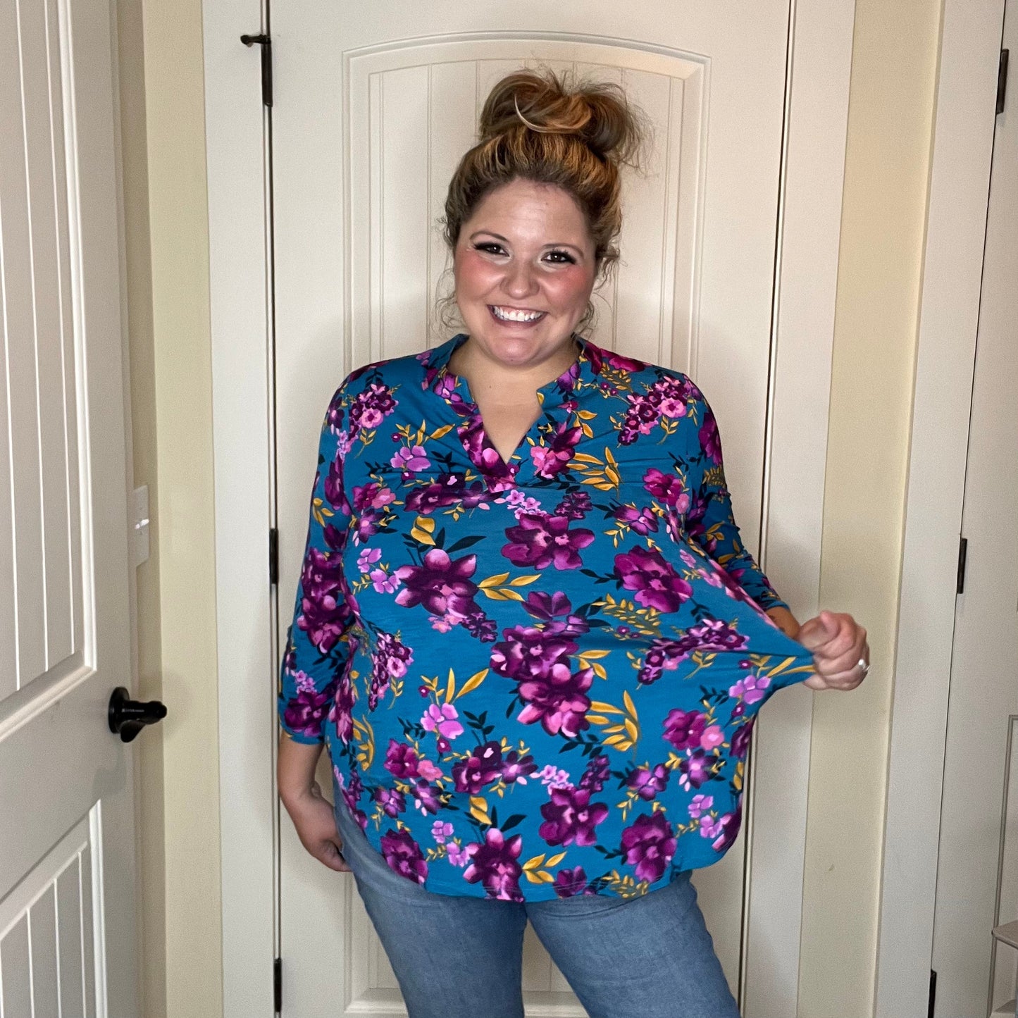 "Lifetime" Floral Split Neck Lizzy 3/4 Sleeve Split Neck