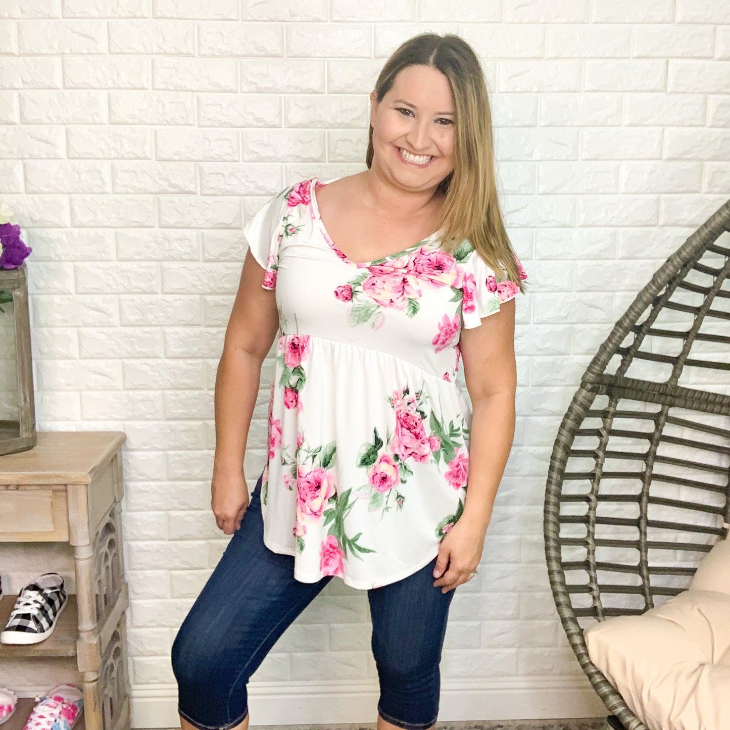 "Lila" V-Neck Floral Baby Doll (White)