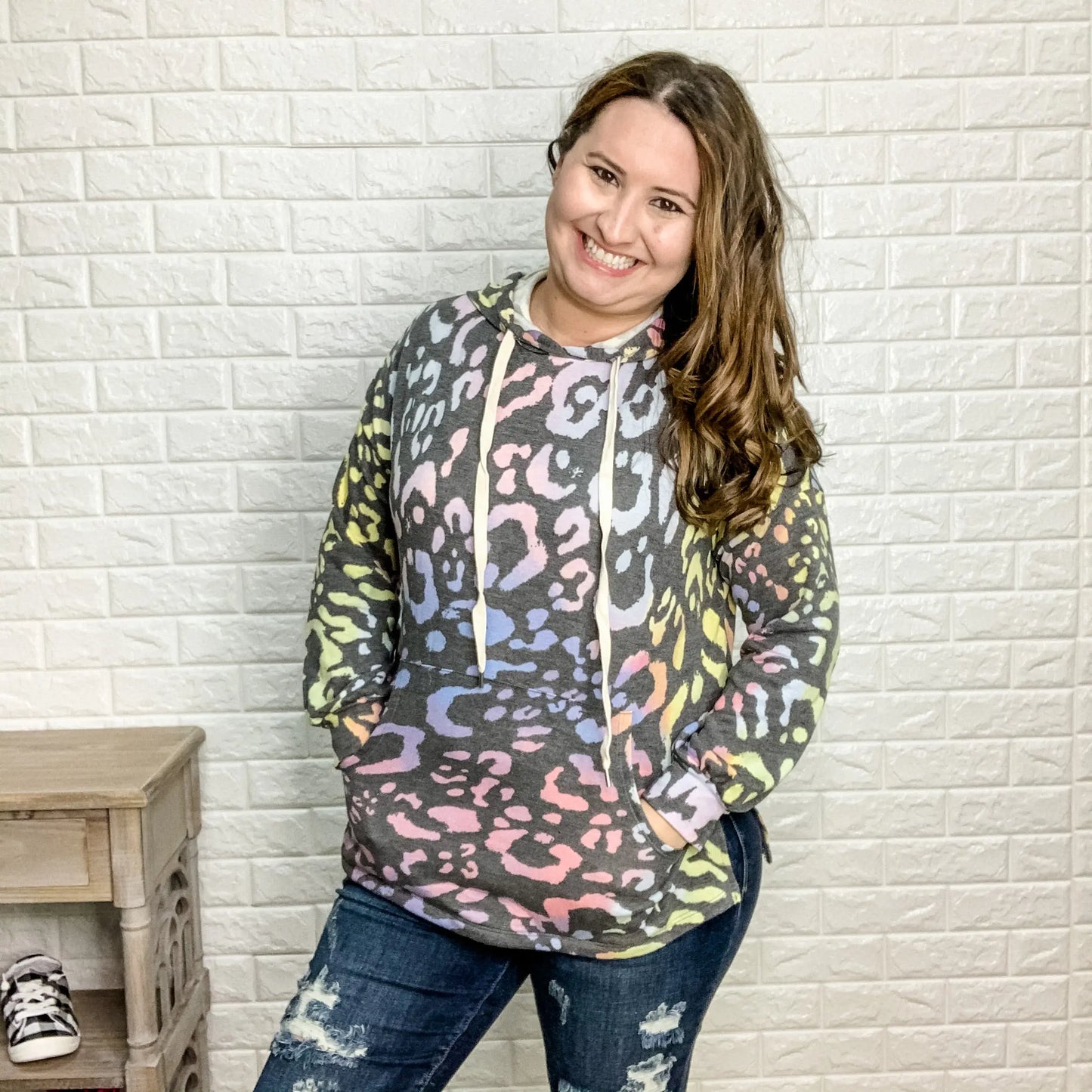 "Lisa" Rainbow Animal Print Hoodie with Side Slits