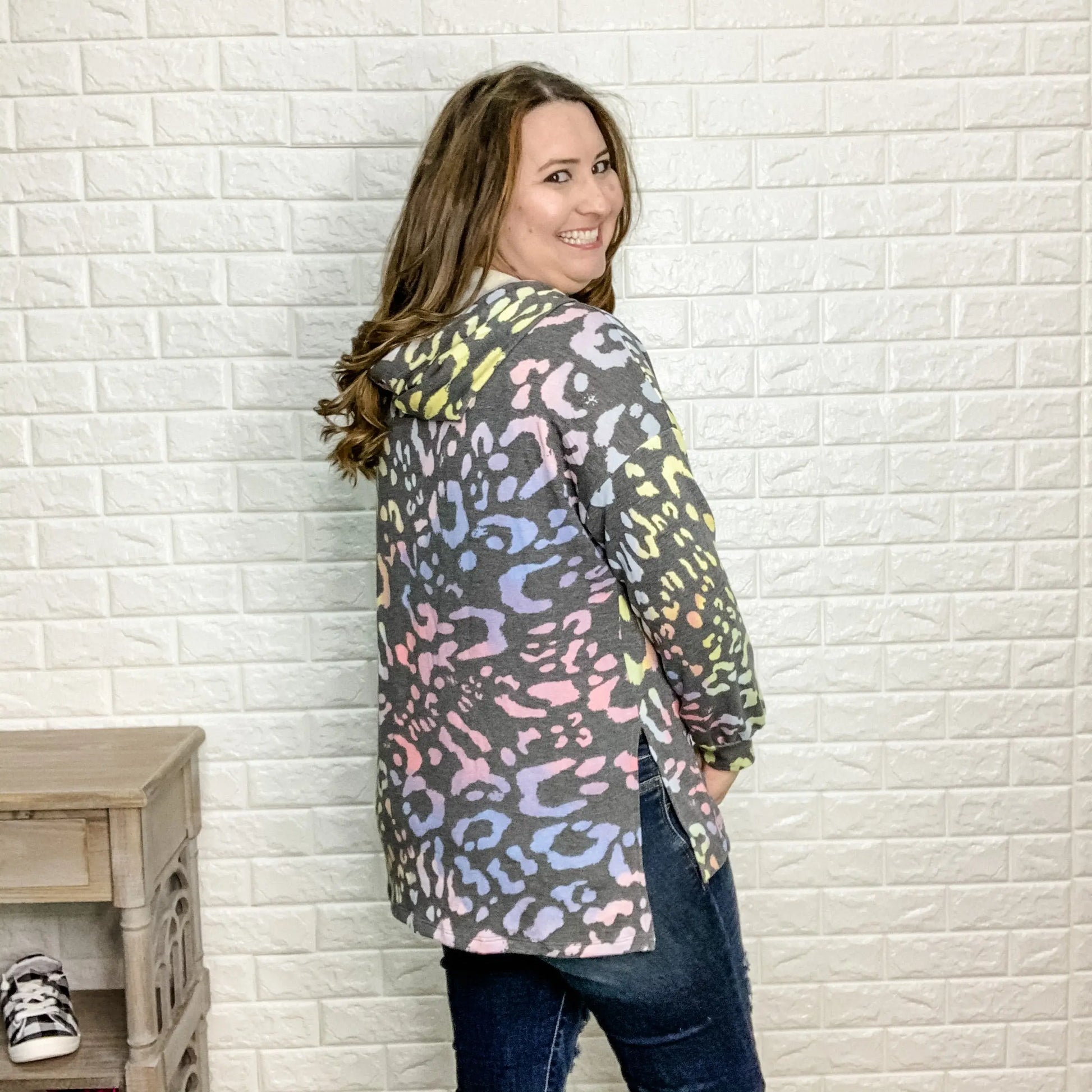 "Lisa" Rainbow Animal Print Hoodie with Side Slits