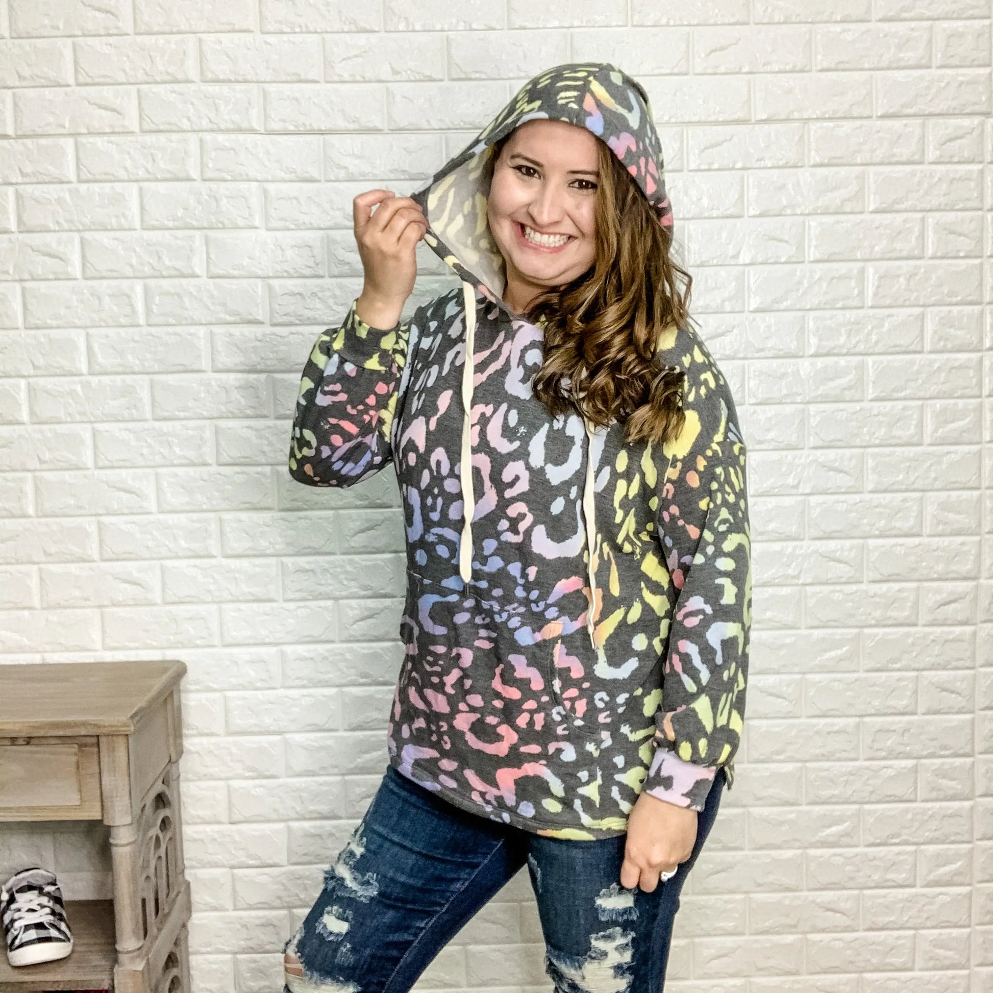 "Lisa" Rainbow Animal Print Hoodie with Side Slits