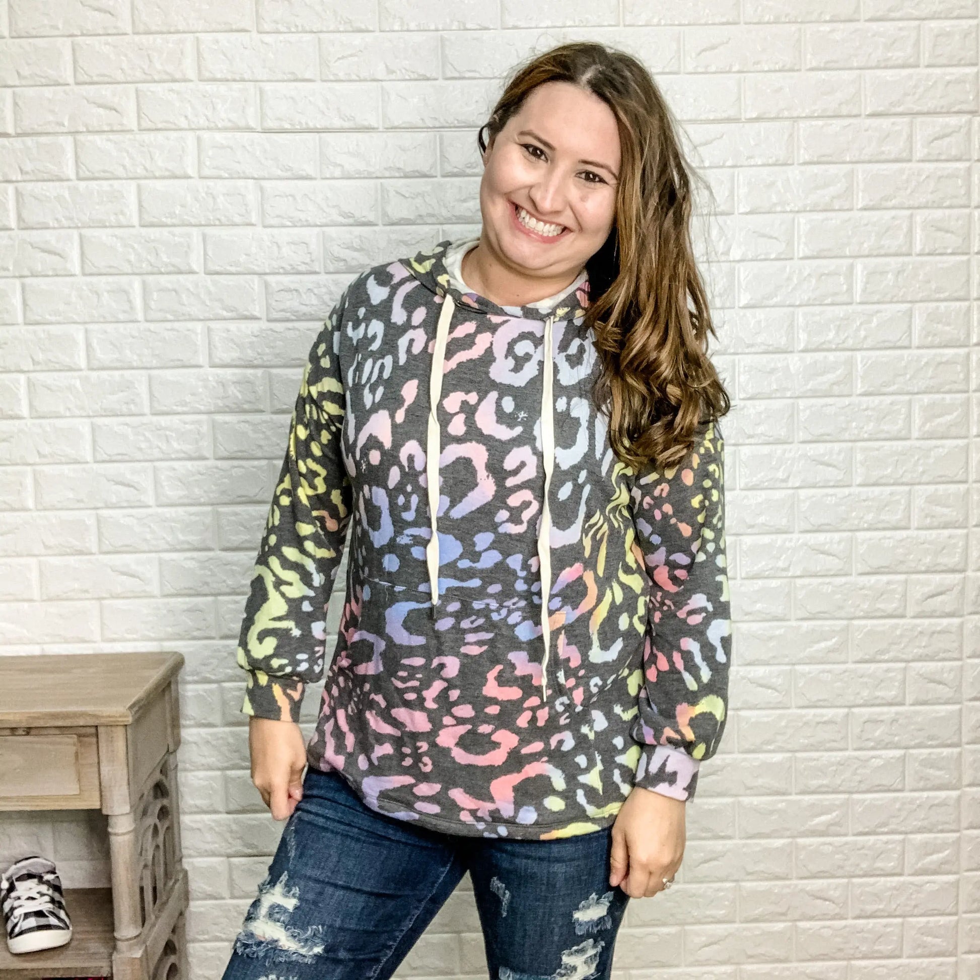 "Lisa" Rainbow Animal Print Hoodie with Side Slits