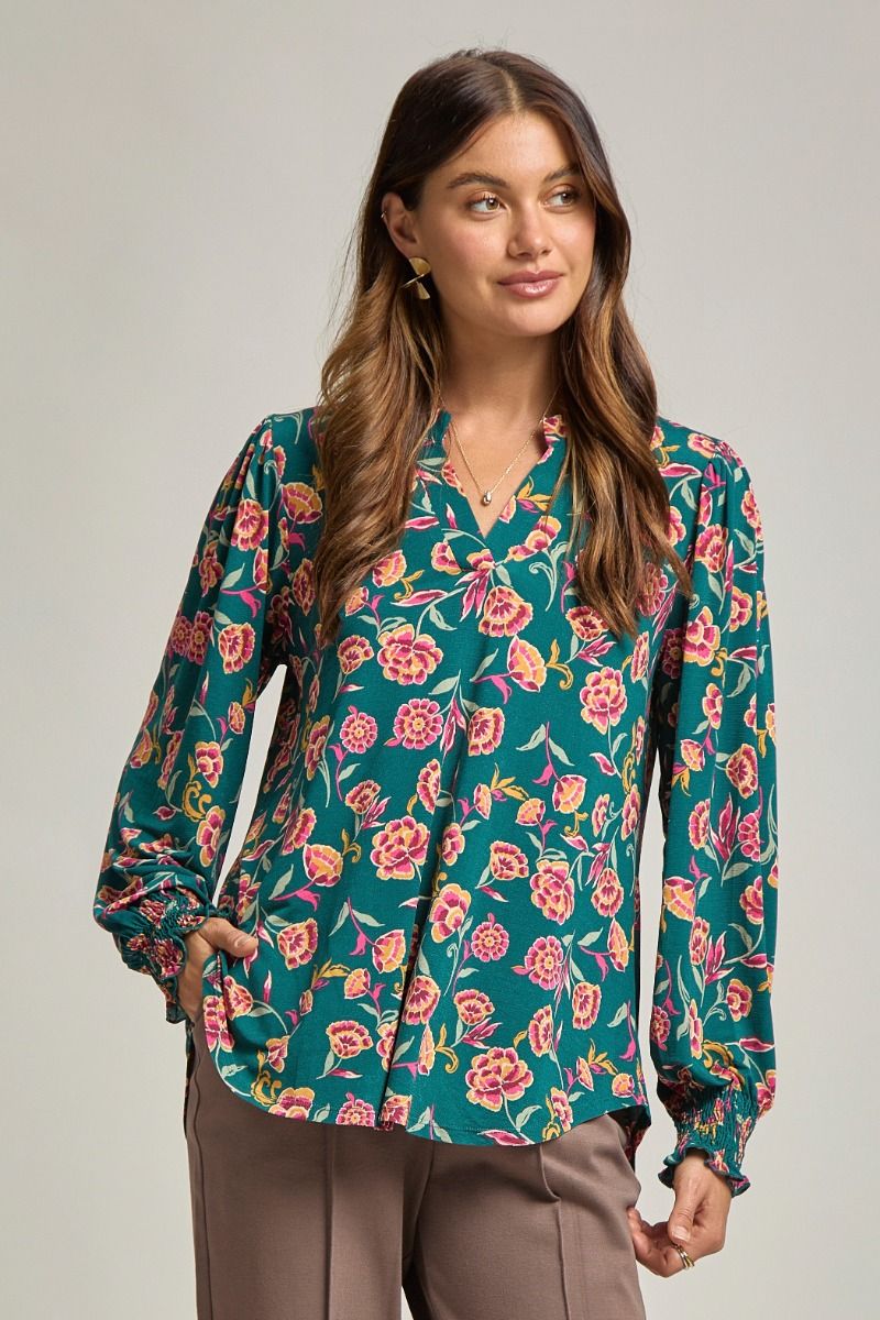 "Fayetteville" Smocked Wrist Long Sleeve Split Neck