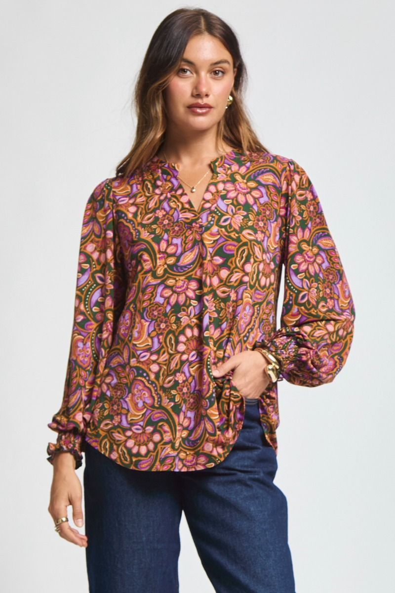 "Benton" Smocked Wrist Long Sleeve Split Neck
