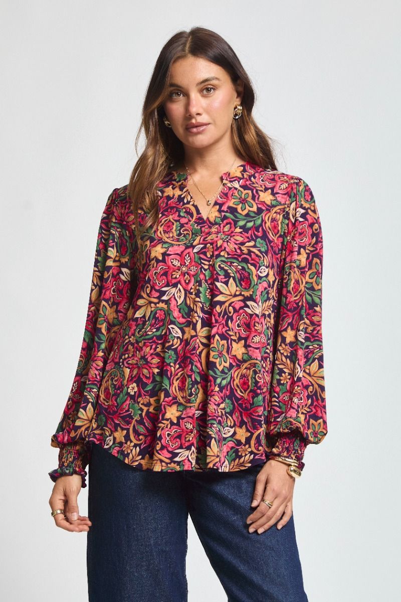 "Atmore" Smocked Wrist Long Sleeve Split Neck