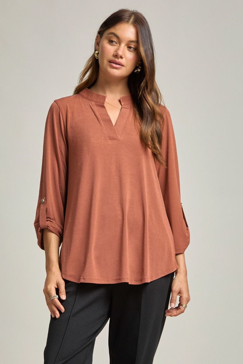 Dear Scarlett "Bold Choice" 3/4 Sleeve Split Neck (Caramel)
