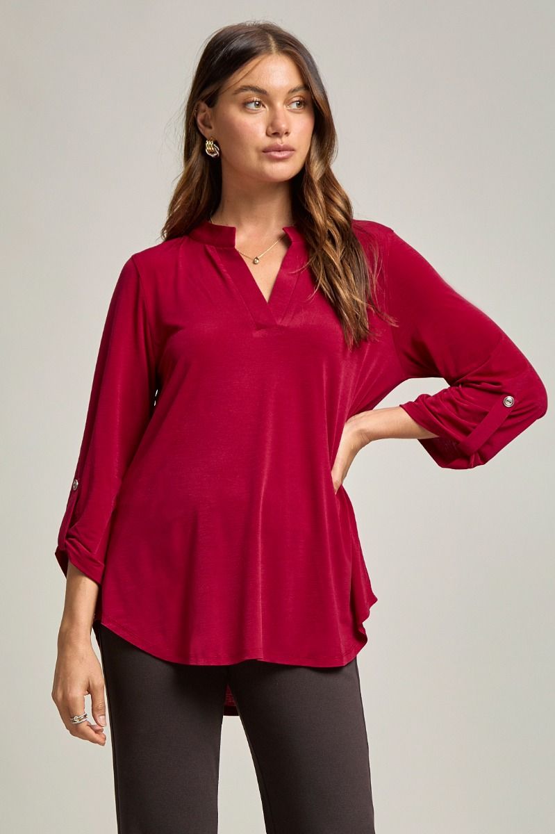 Dear Scarlett "Bold Choice" 3/4 Sleeve Split Neck (Jewel Red)