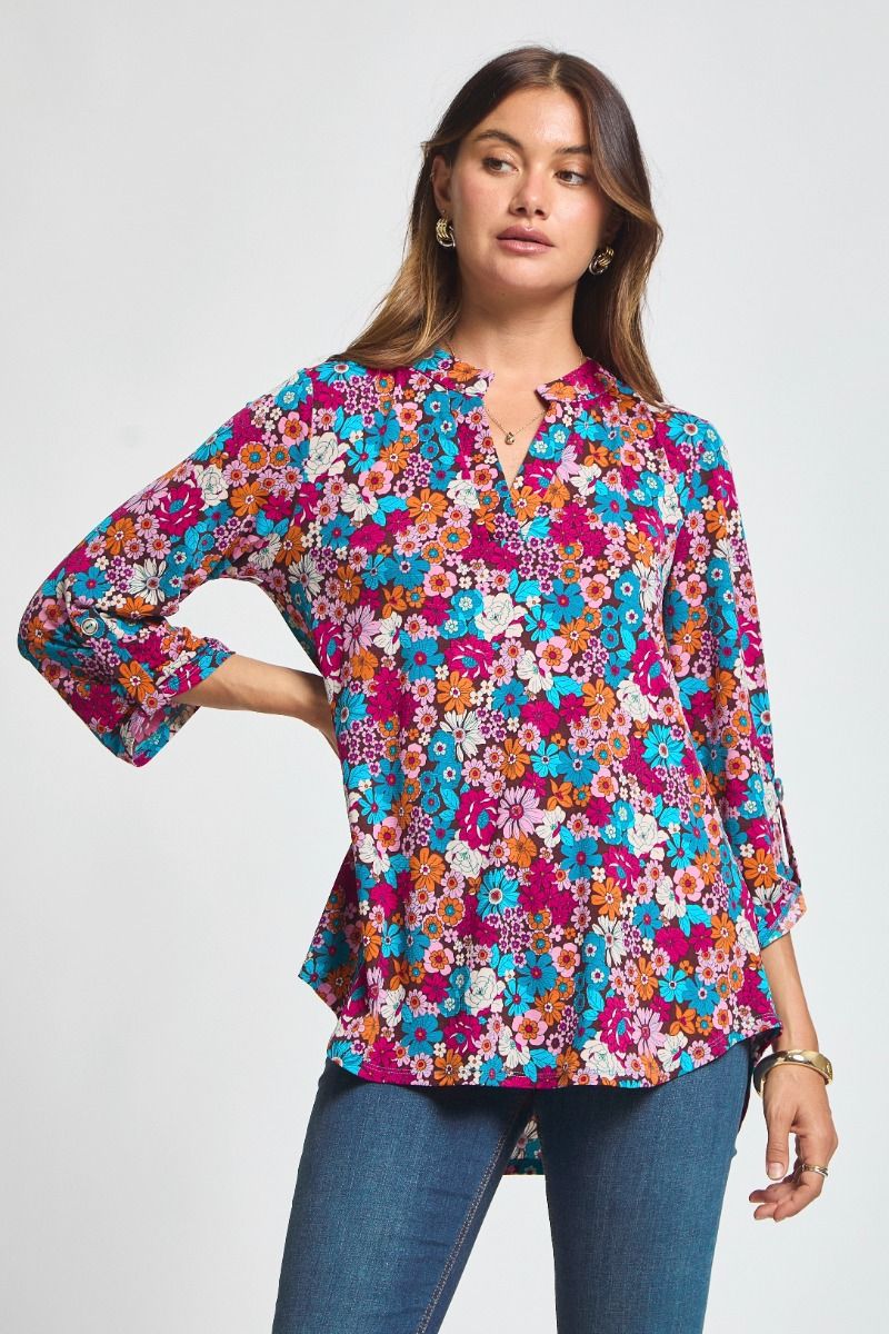 "Dragonfly" 3/4 Sleeve Split Neck