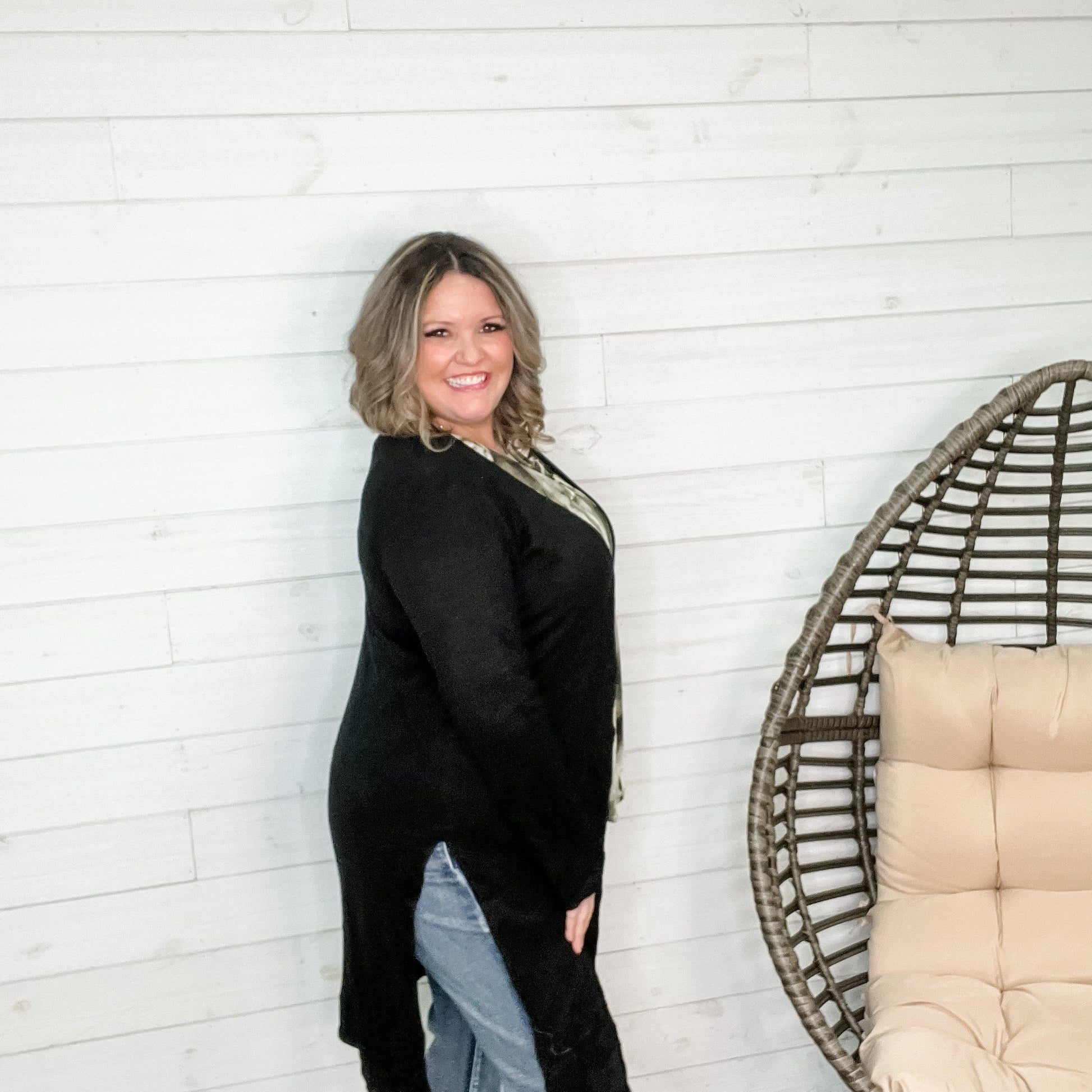 Long Sleeve Calf Length Cardigan (Black)