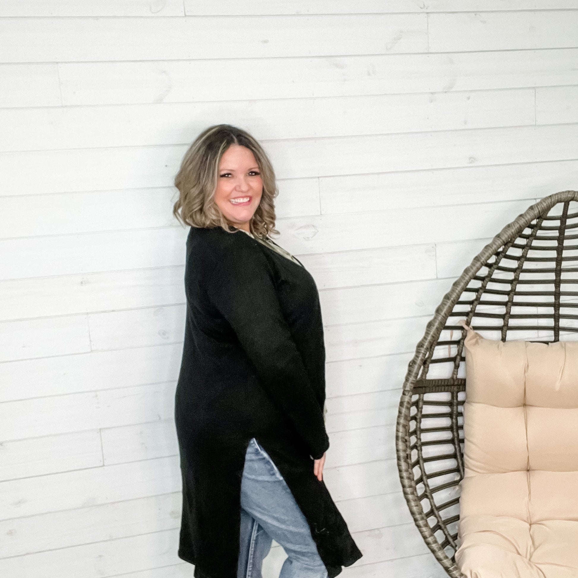 Long Sleeve Calf Length Cardigan (Black)