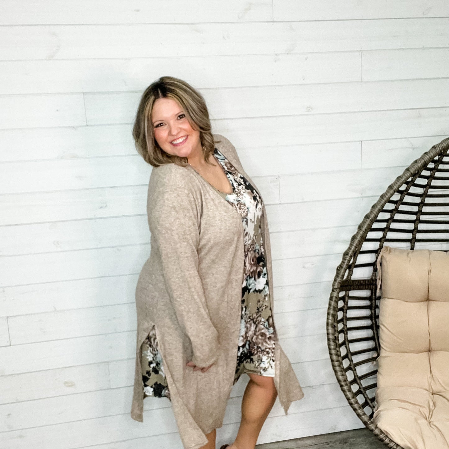 Long Sleeve Calf Length Cardigan (Taupe)
