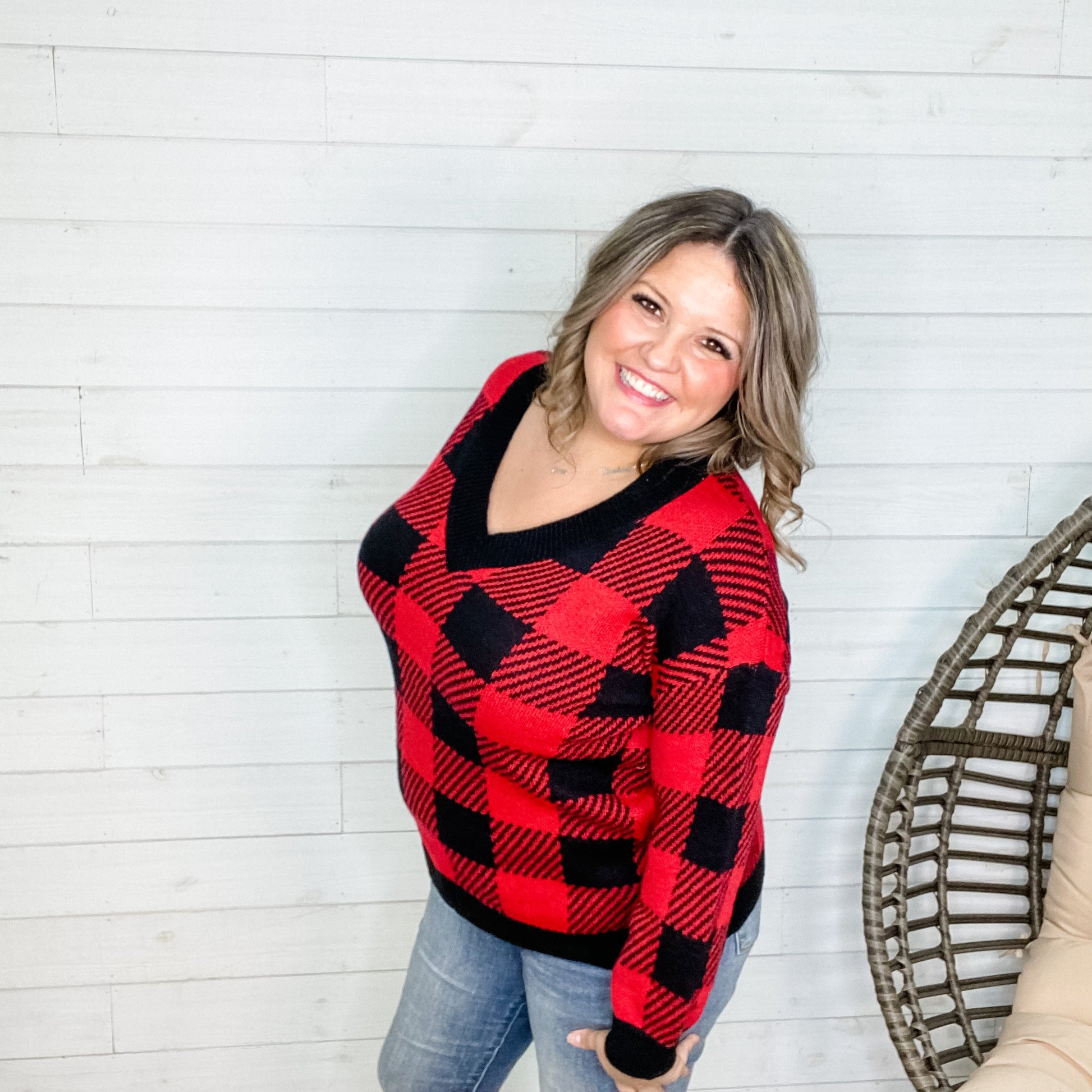 Long Sleeve Checkered V Neck Sweater (Black & Red)