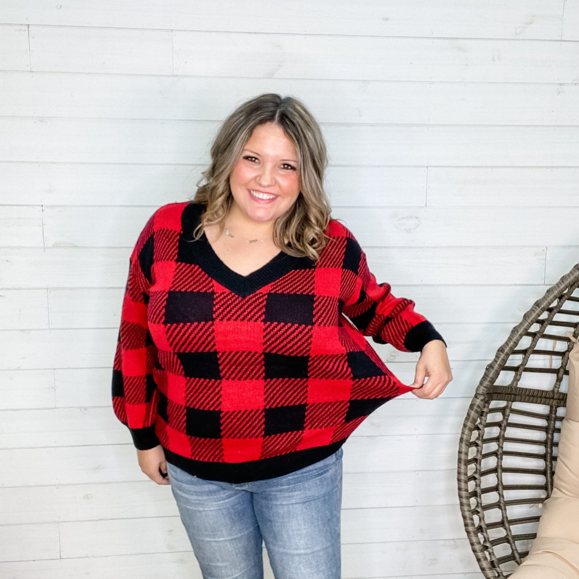 Long Sleeve Checkered V Neck Sweater (Black & Red)