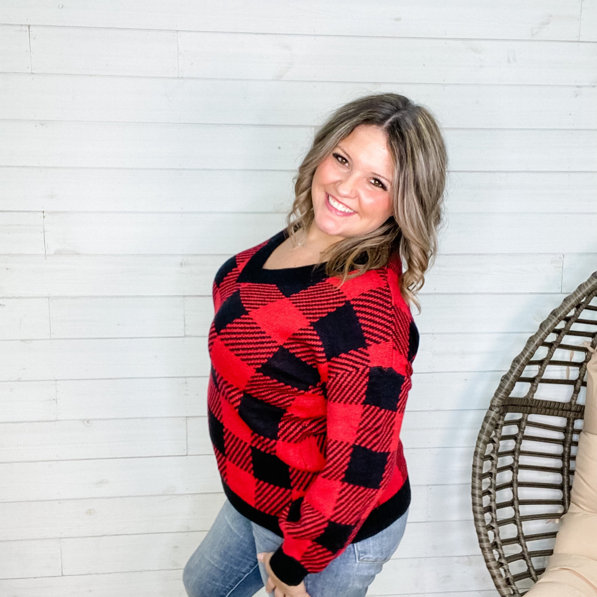 Long Sleeve Checkered V Neck Sweater (Black & Red)