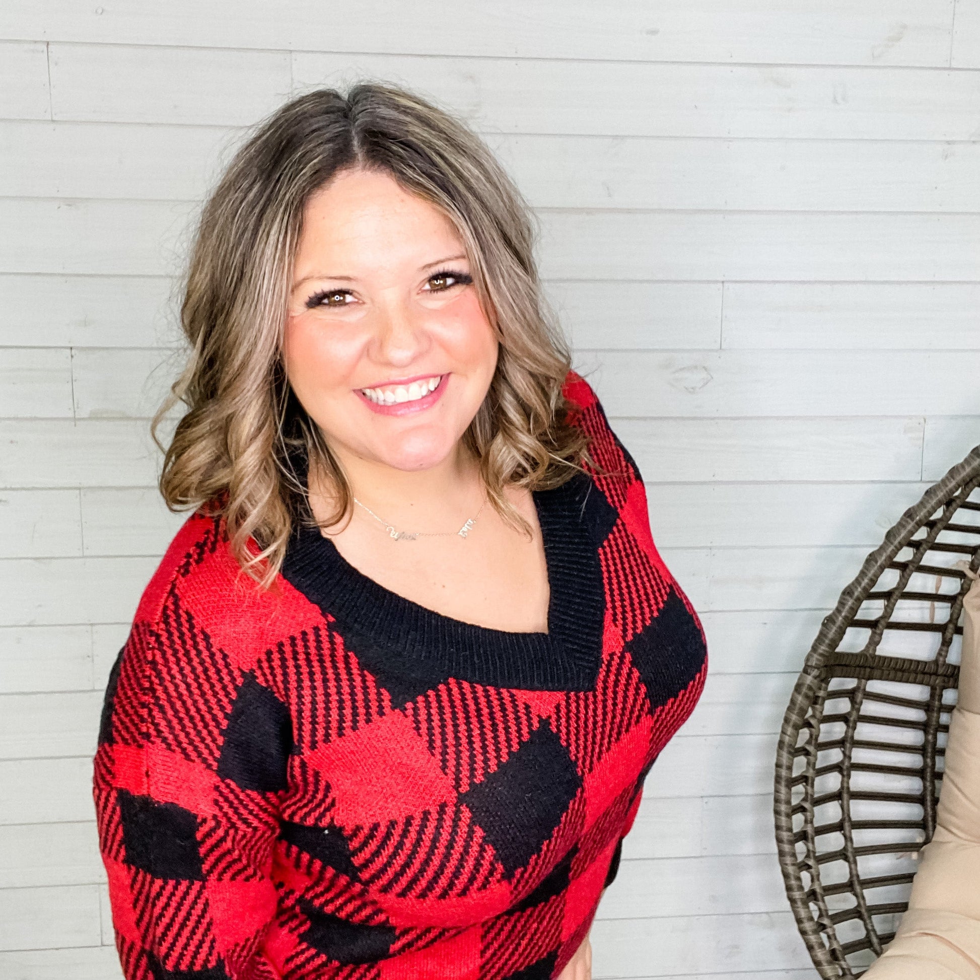 Long Sleeve Checkered V Neck Sweater (Black & Red)