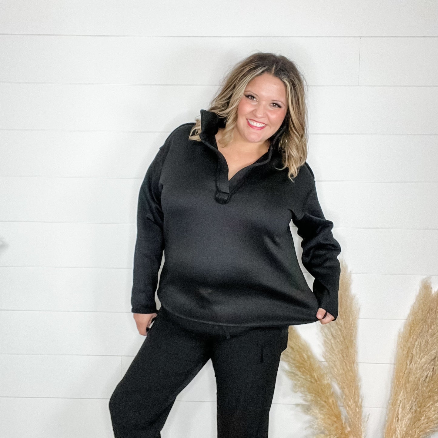 Long Sleeve Split Neck Sweatshirt (Black)