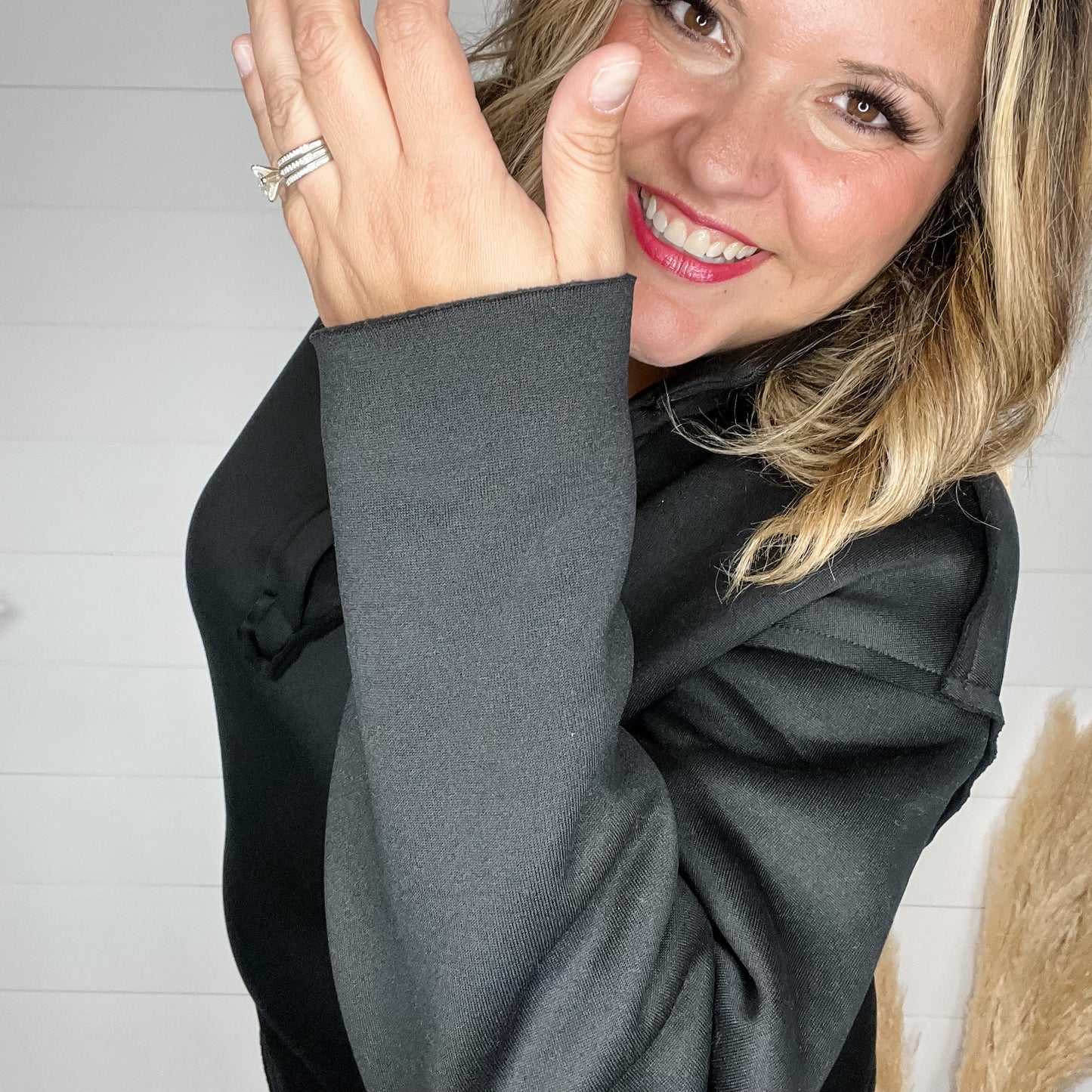 Long Sleeve Split Neck Sweatshirt (Black)