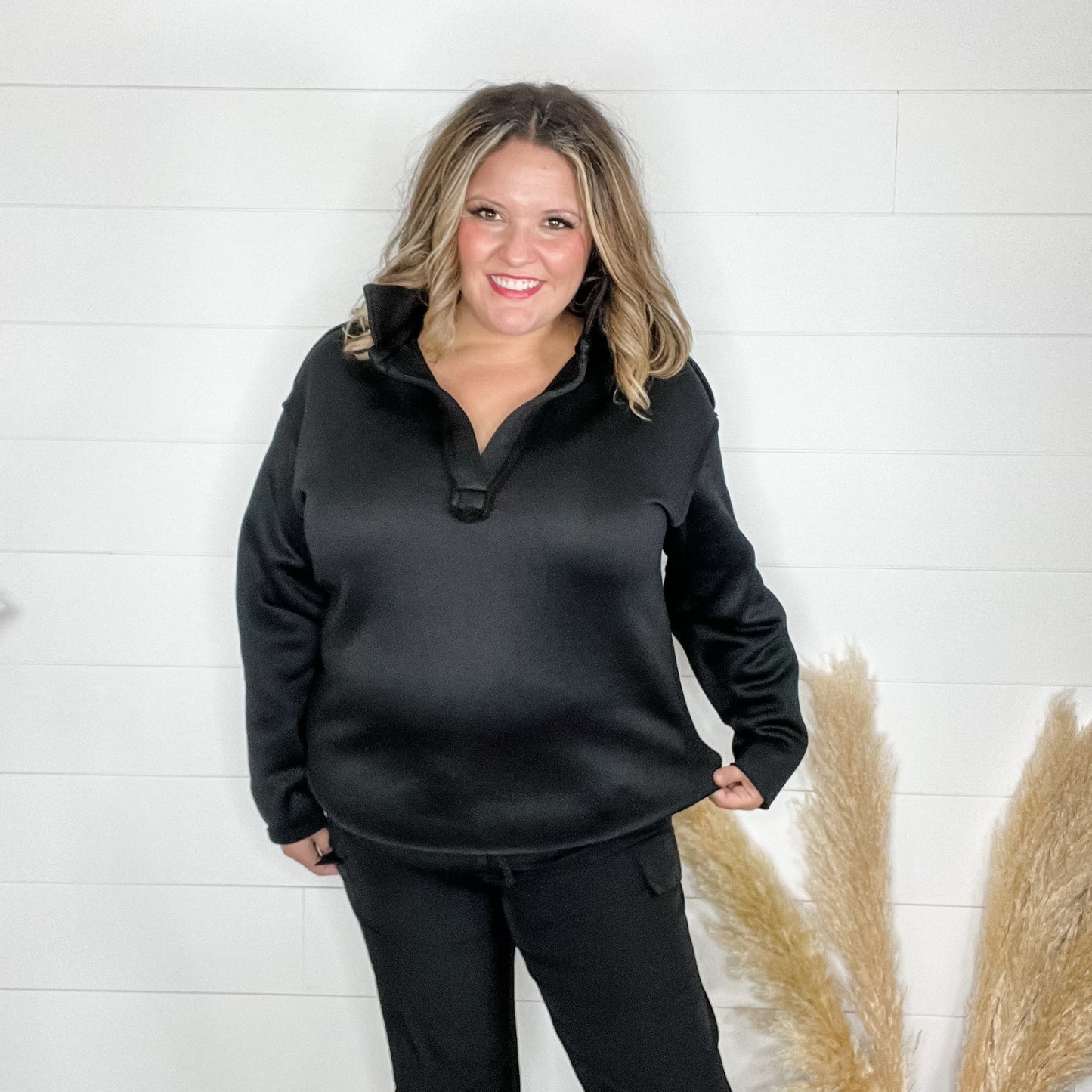 Long Sleeve Split Neck Sweatshirt (Black)