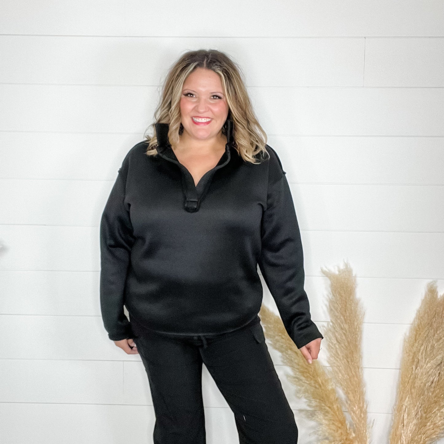 Long Sleeve Split Neck Sweatshirt (Black)
