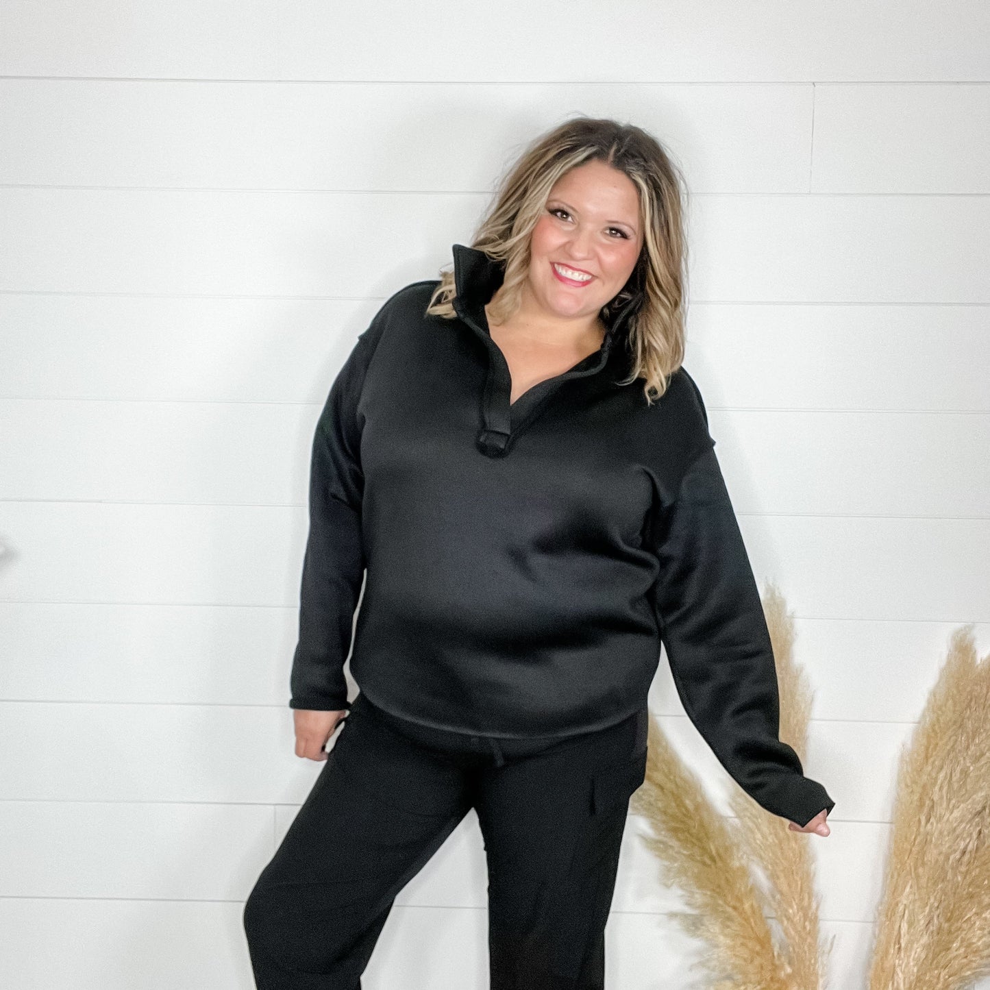Long Sleeve Split Neck Sweatshirt (Black)