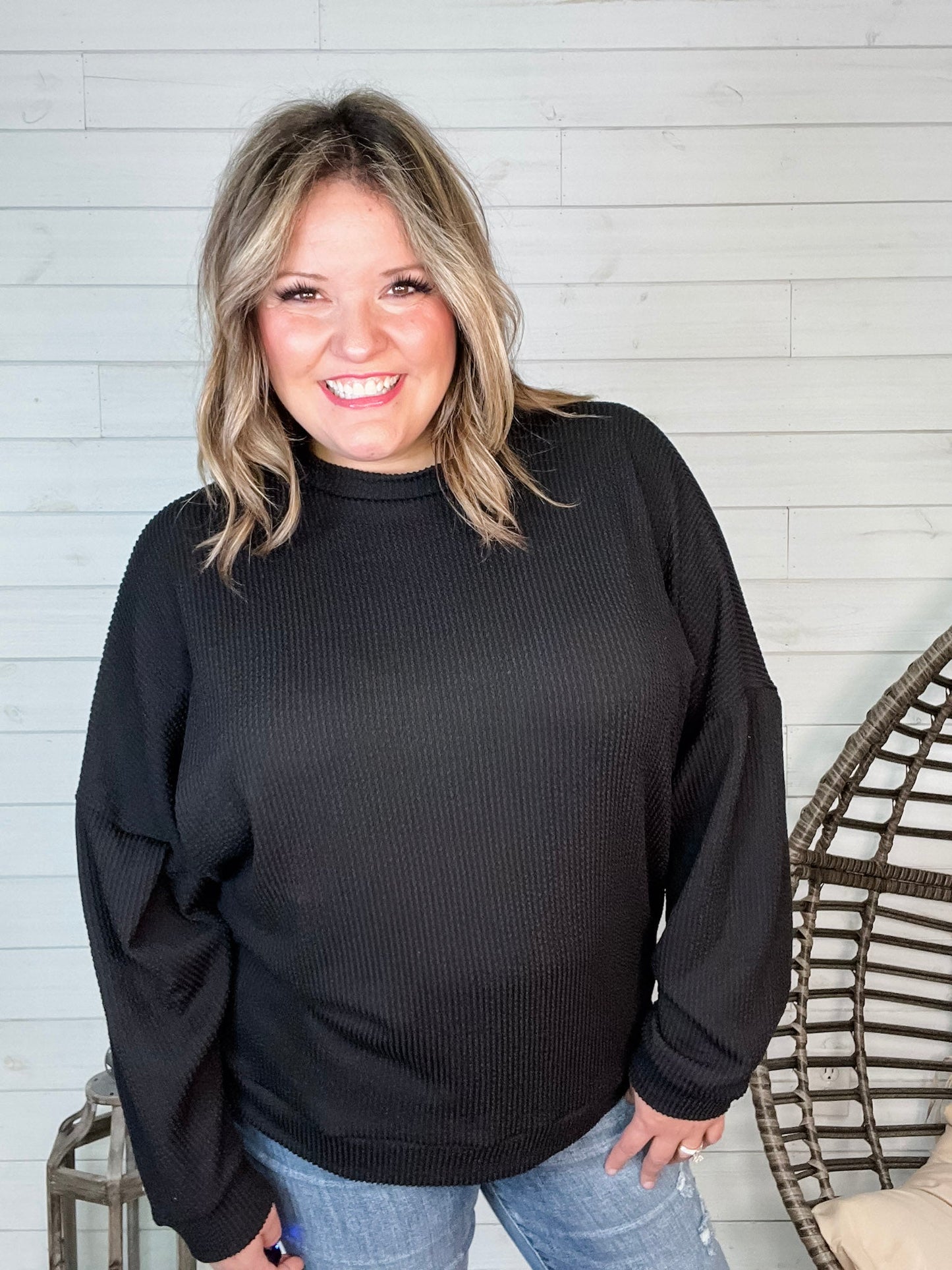 "Looks Like It" Oversized Corded Long Sleeve Pullover-Lola Monroe Boutique