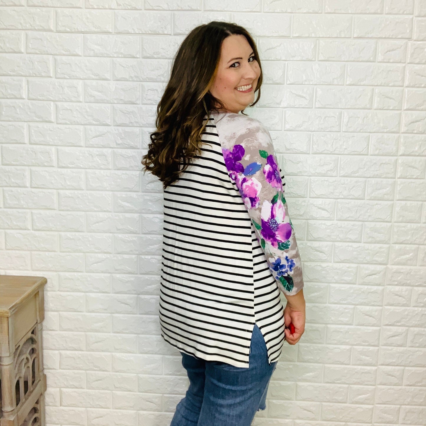 "Lucy" 3/4 Sleeve V Neck Floral Accents