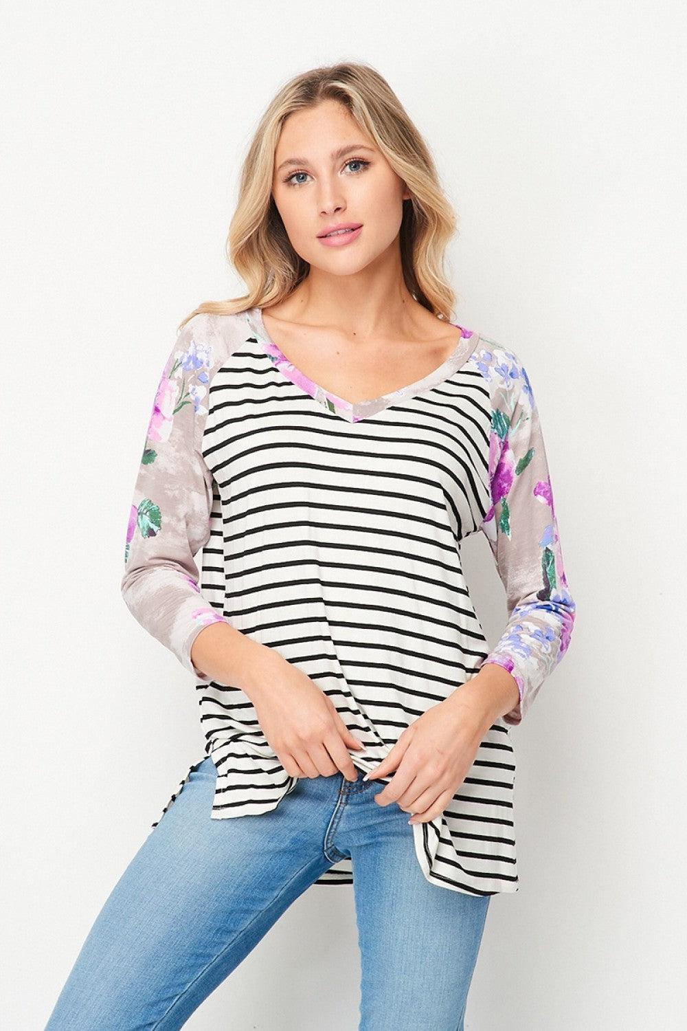 "Lucy" 3/4 Sleeve V Neck Floral Accents