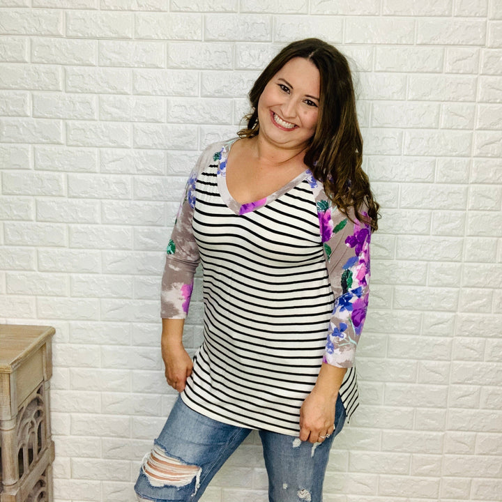 "Lucy" 3/4 Sleeve V Neck Floral Accents