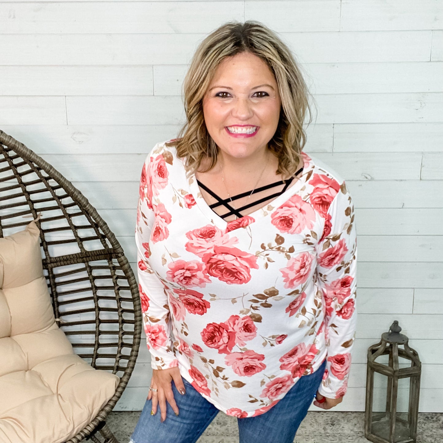 "Lynette" Long Sleeve Floral V-Neck