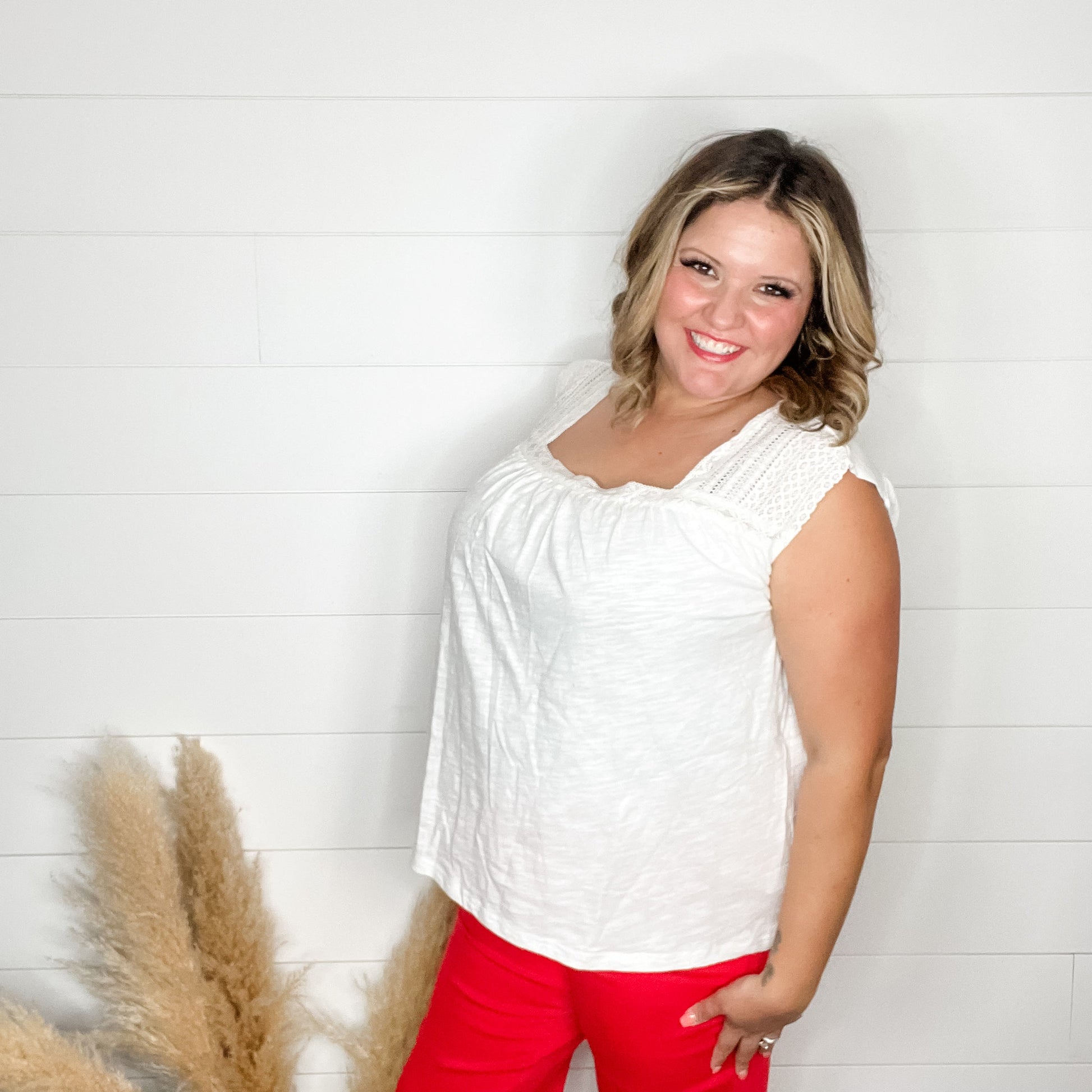 "Mabel" Square Neck Tank with Lace Detail