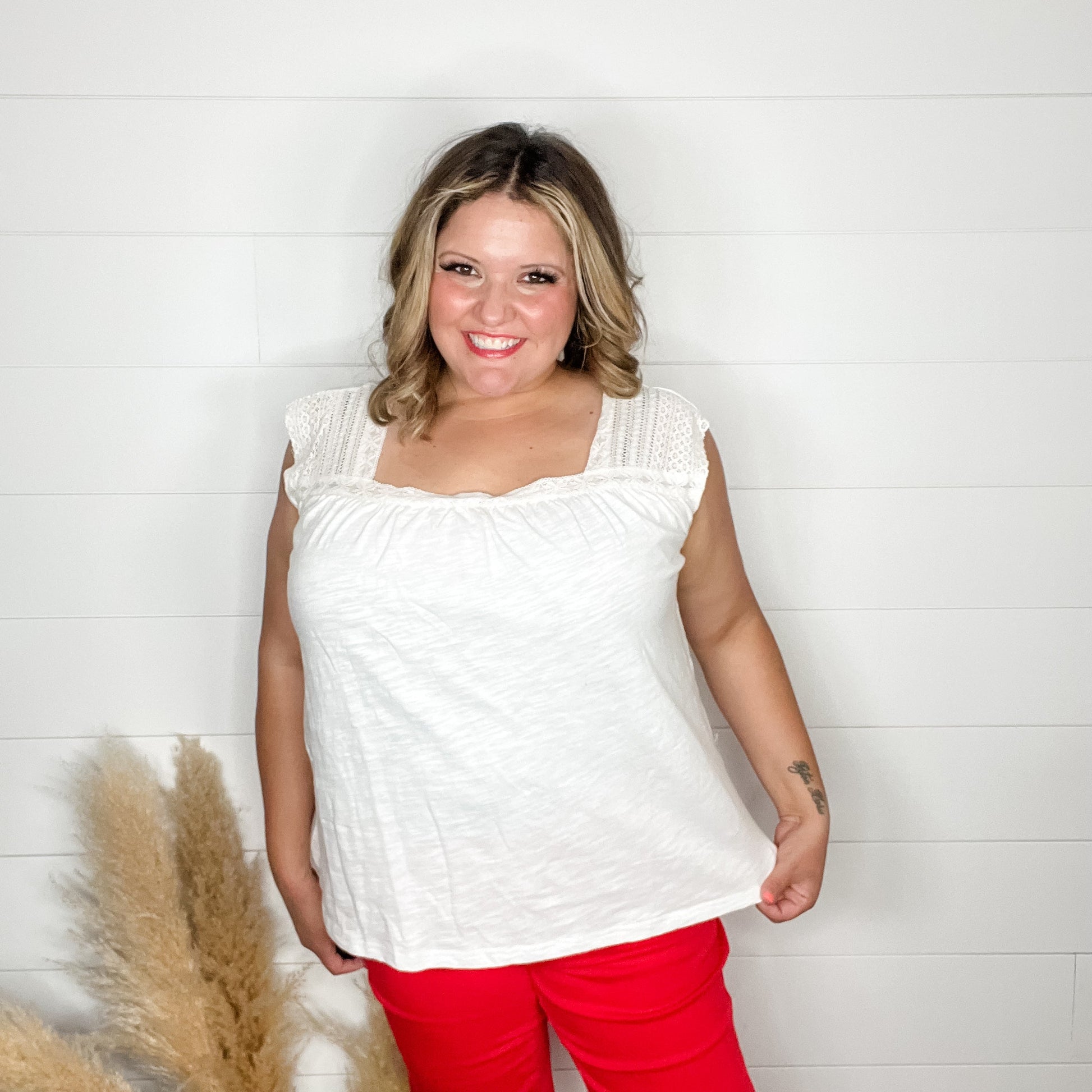 "Mabel" Square Neck Tank with Lace Detail