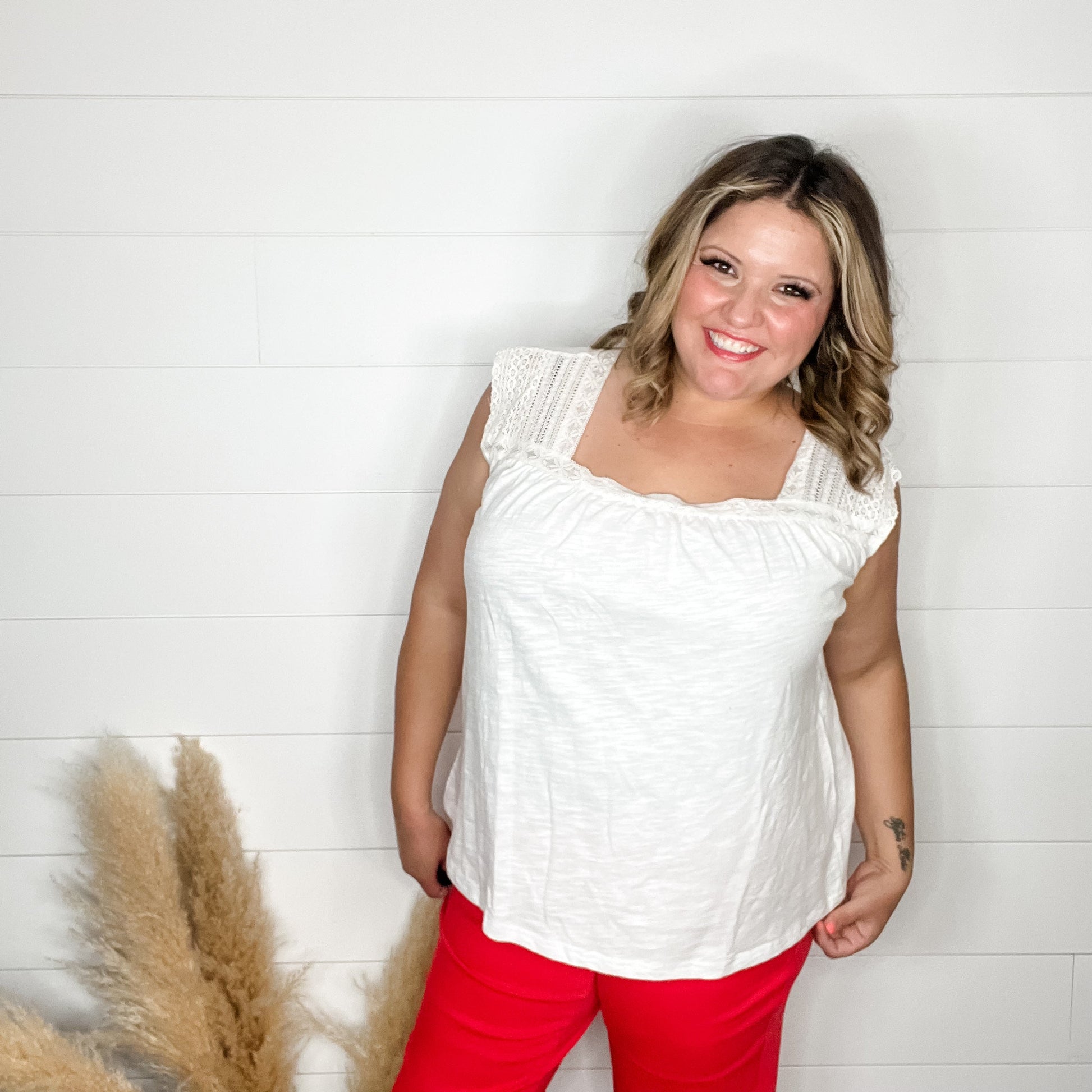 "Mabel" Square Neck Tank with Lace Detail