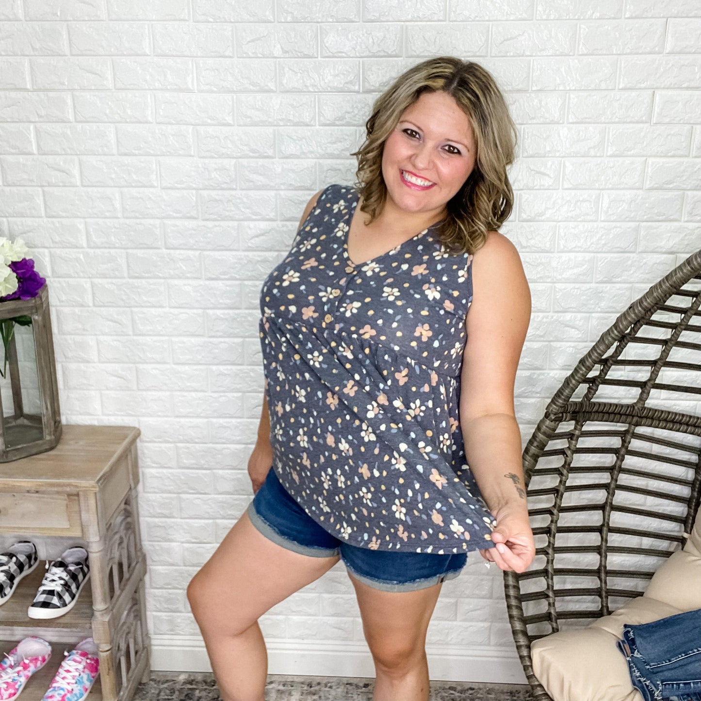 "Mae" Floral Babydoll Tank Button Front Detail