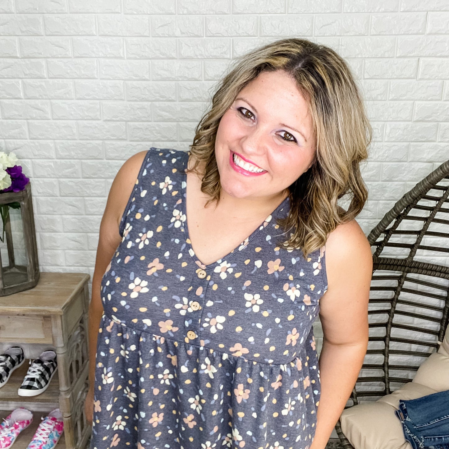 "Mae" Floral Babydoll Tank Button Front Detail