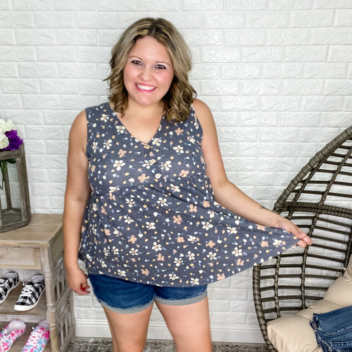 "Mae" Floral Babydoll Tank Button Front Detail