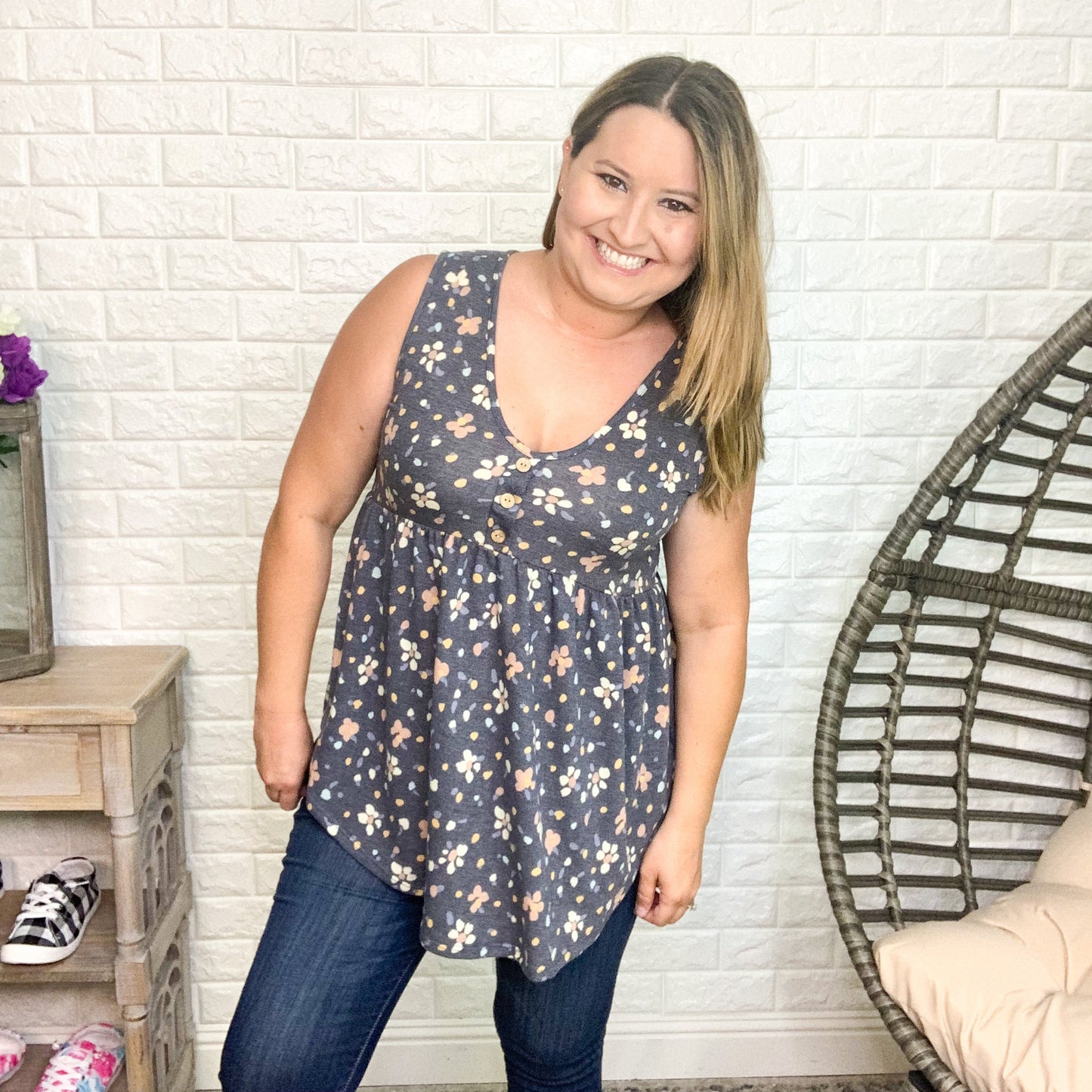 "Mae" Floral Babydoll Tank Button Front Detail